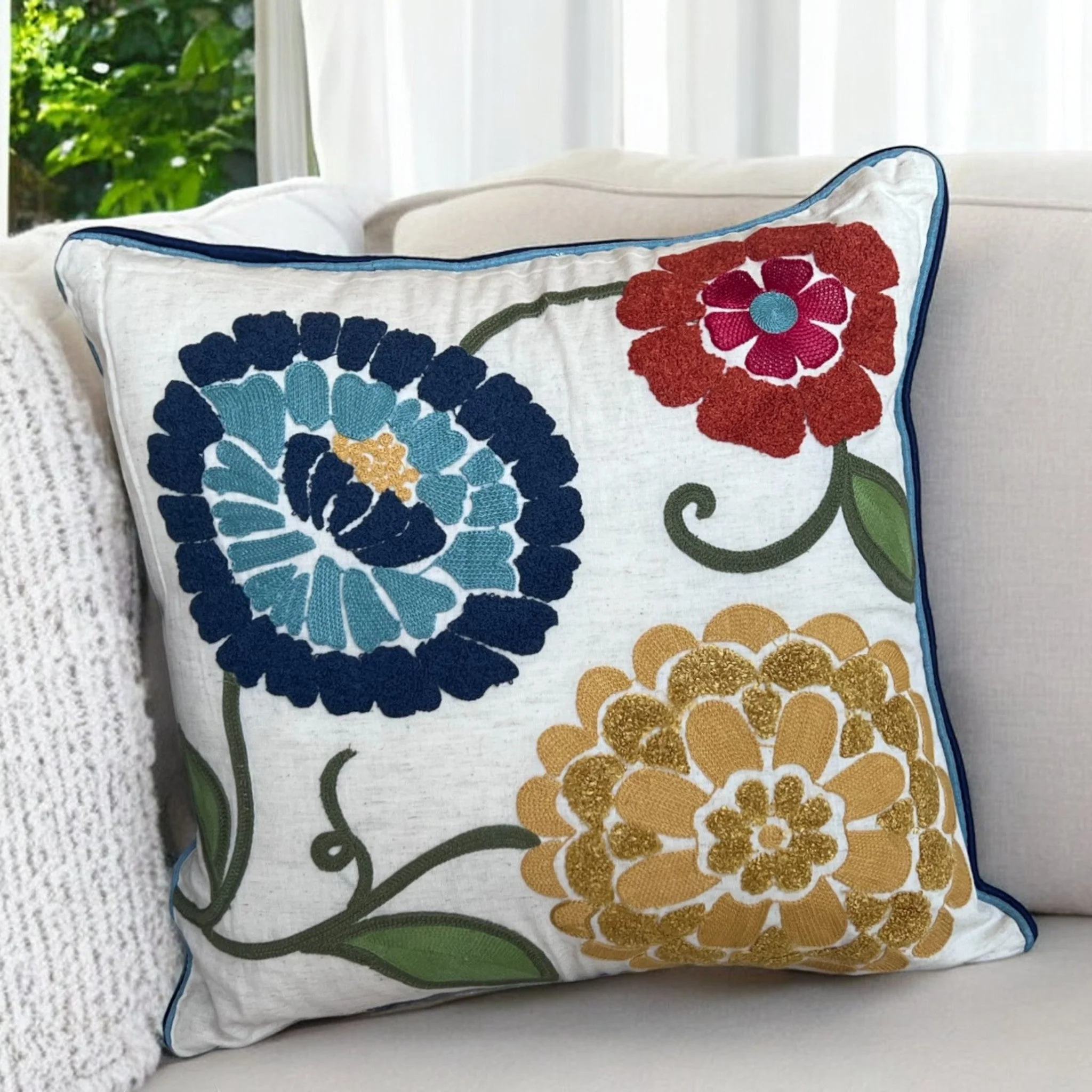 18x18" Embroidered Floral Boho Floral Throw Pillow Decorative Cover - Image 8