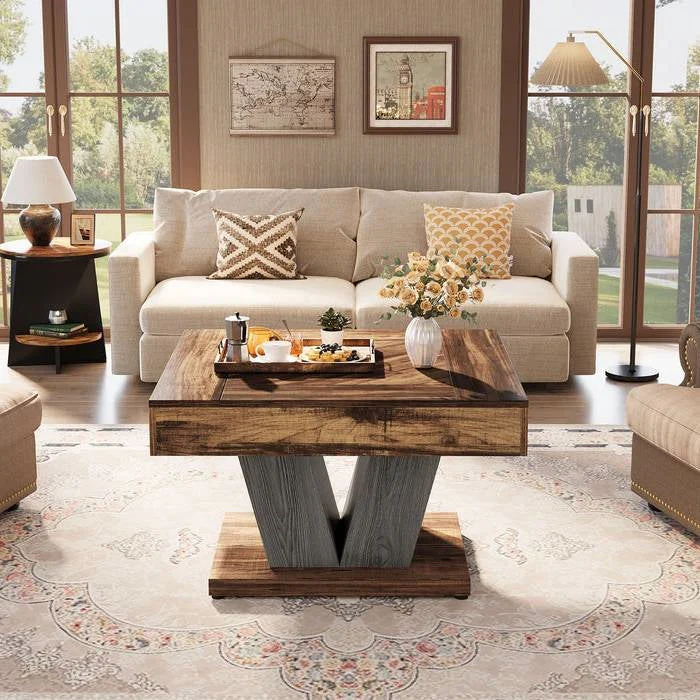 Square Farmhouse Coffee Table in Brown Black Wood Finish - Image 3