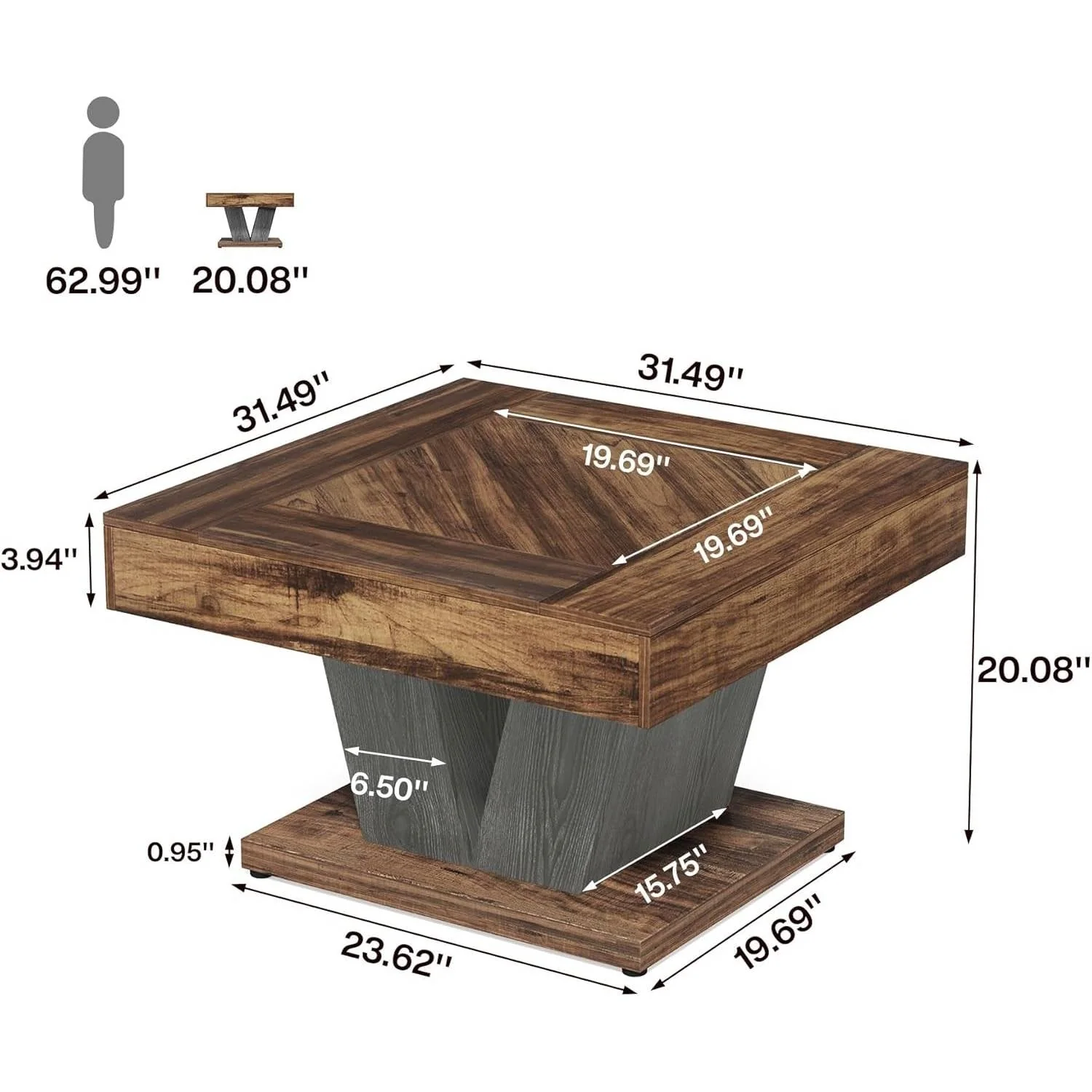 Square Farmhouse Coffee Table in Brown Black Wood Finish - Image 5