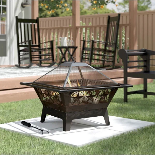 Square Outdoor Steel Wood Burning Fire Pit with Star Design - Image 2
