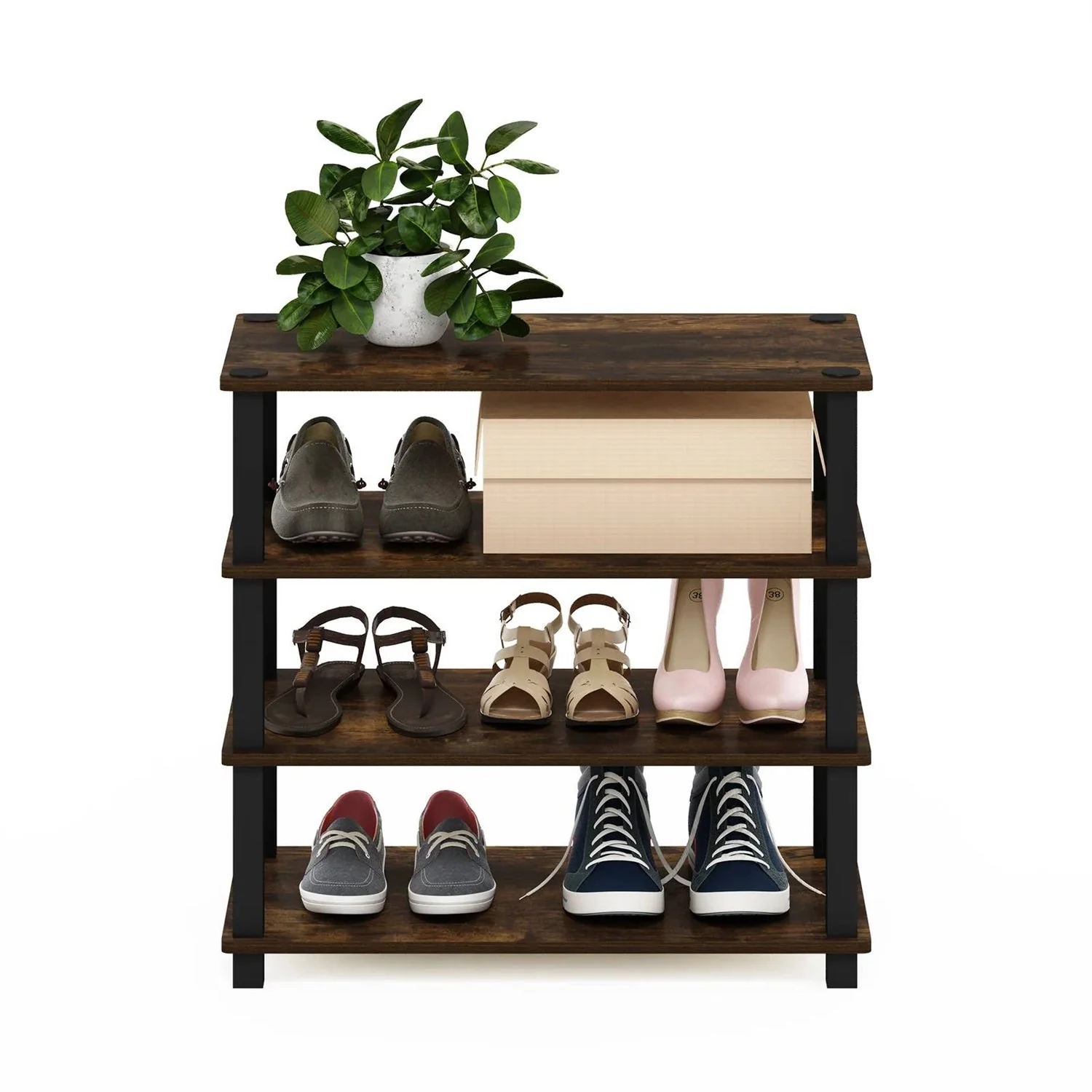 Stackable 4-Shelf Black Brown Wood Shoe Rack - Holds up to 12 Pair of Shoes - Image 2