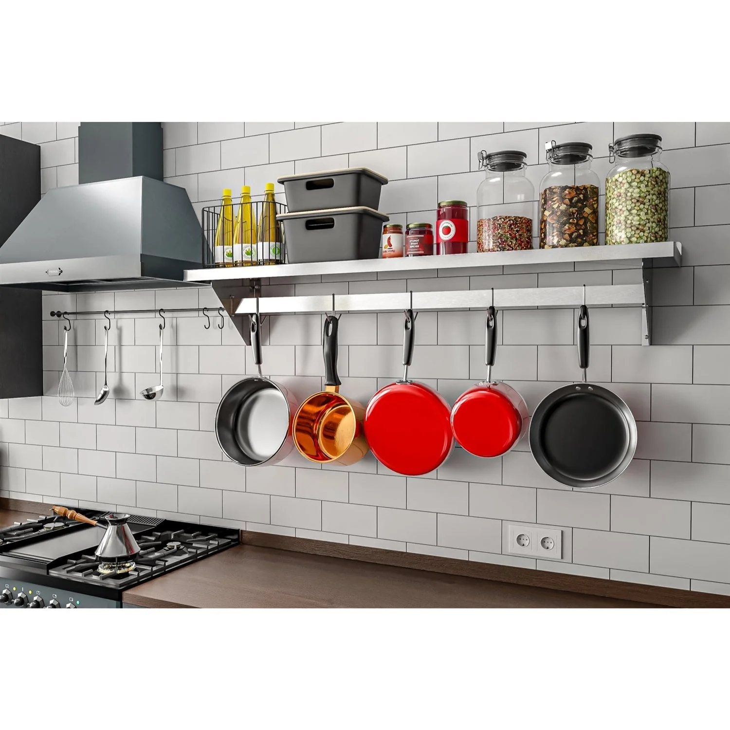 Stainless Steel Heavy Duty Wall Shelf with Pot Rack - 12 inches x 60 inches - Image 3
