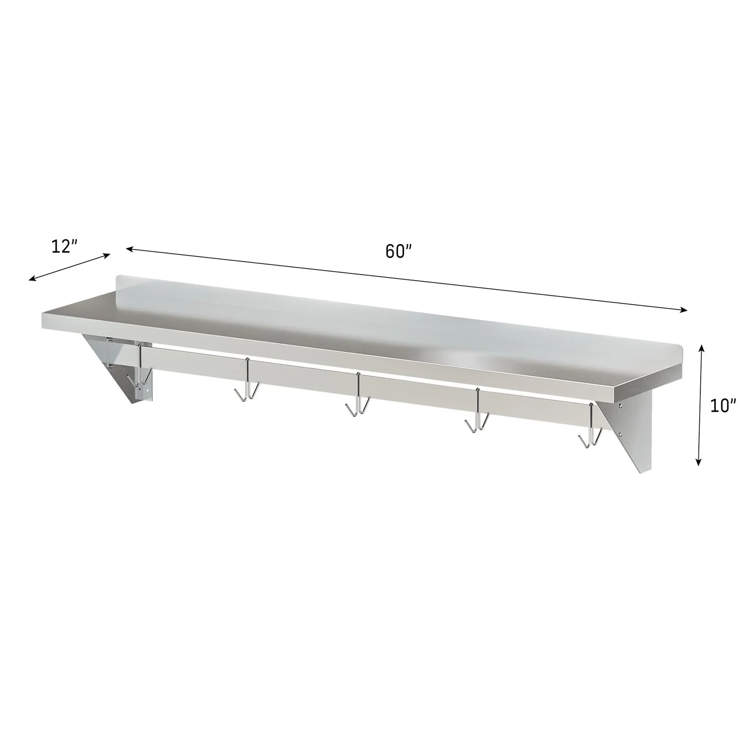 Stainless Steel Heavy Duty Wall Shelf with Pot Rack - 12 inches x 60 inches - Image 5