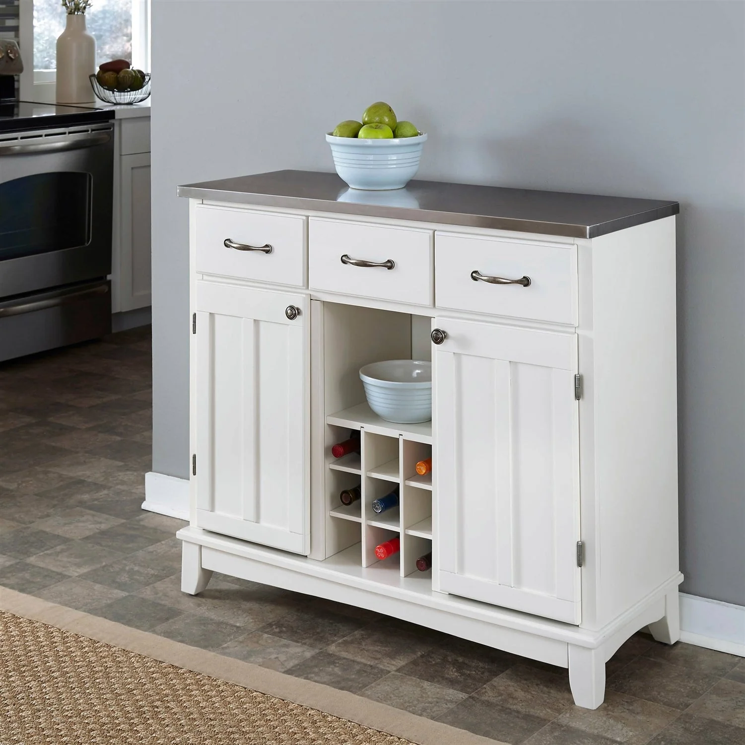 Stainless Steel Top Kitchen Island Sideboard Cabinet Wine Rack in White - Image 2