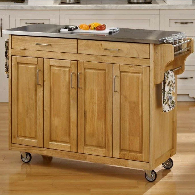 Stainless Steel Top Wooden Kitchen Cart Island with Casters - Image 2