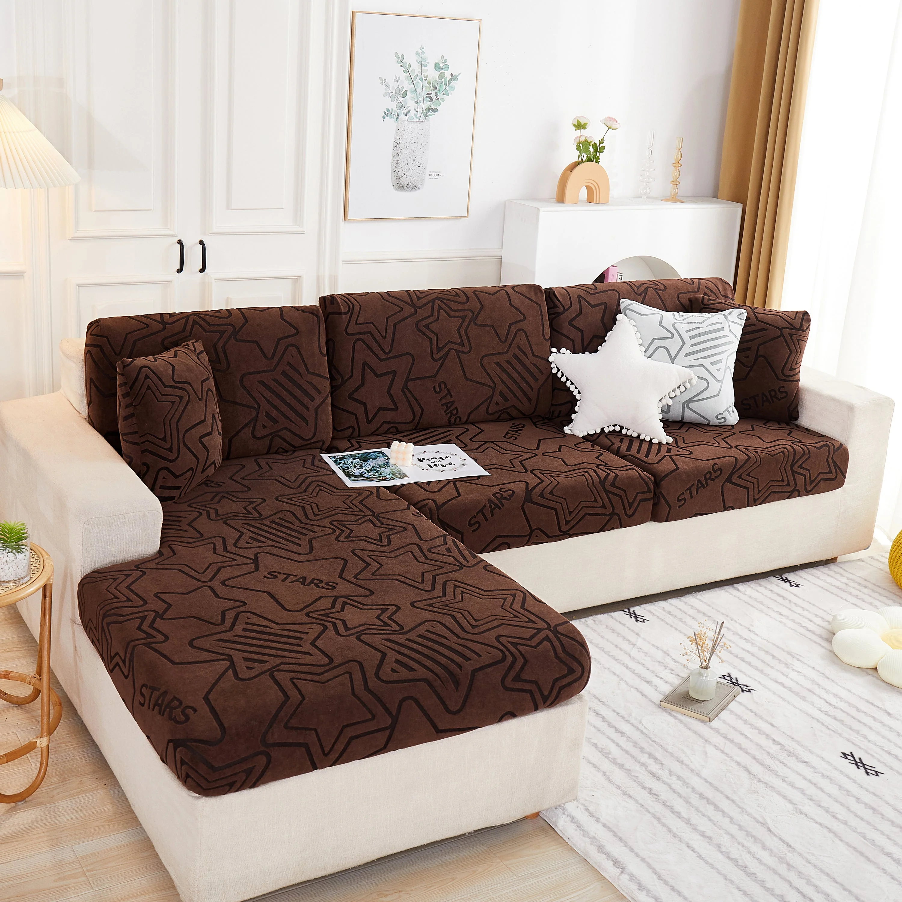 Starry Sky Jacquard Fleece Stretchable Non-Slip Cushion Covers Furniture Covers for L-Shaped Couch - Image 10