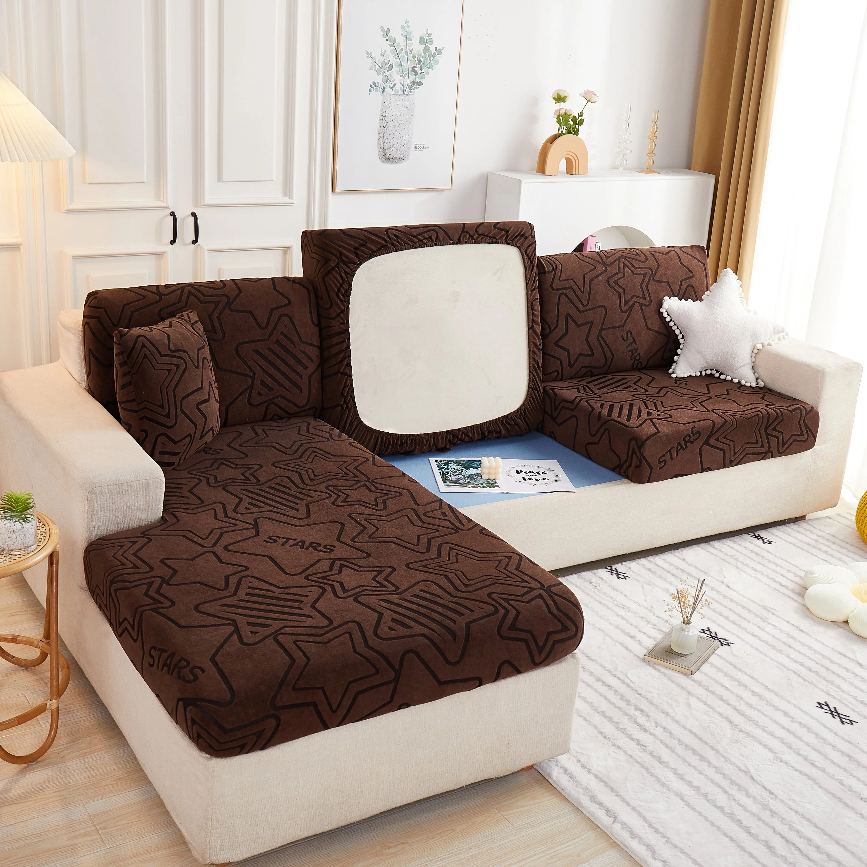 Starry Sky Jacquard Fleece Stretchable Non-Slip Cushion Covers Furniture Covers for L-Shaped Couch - Image 12