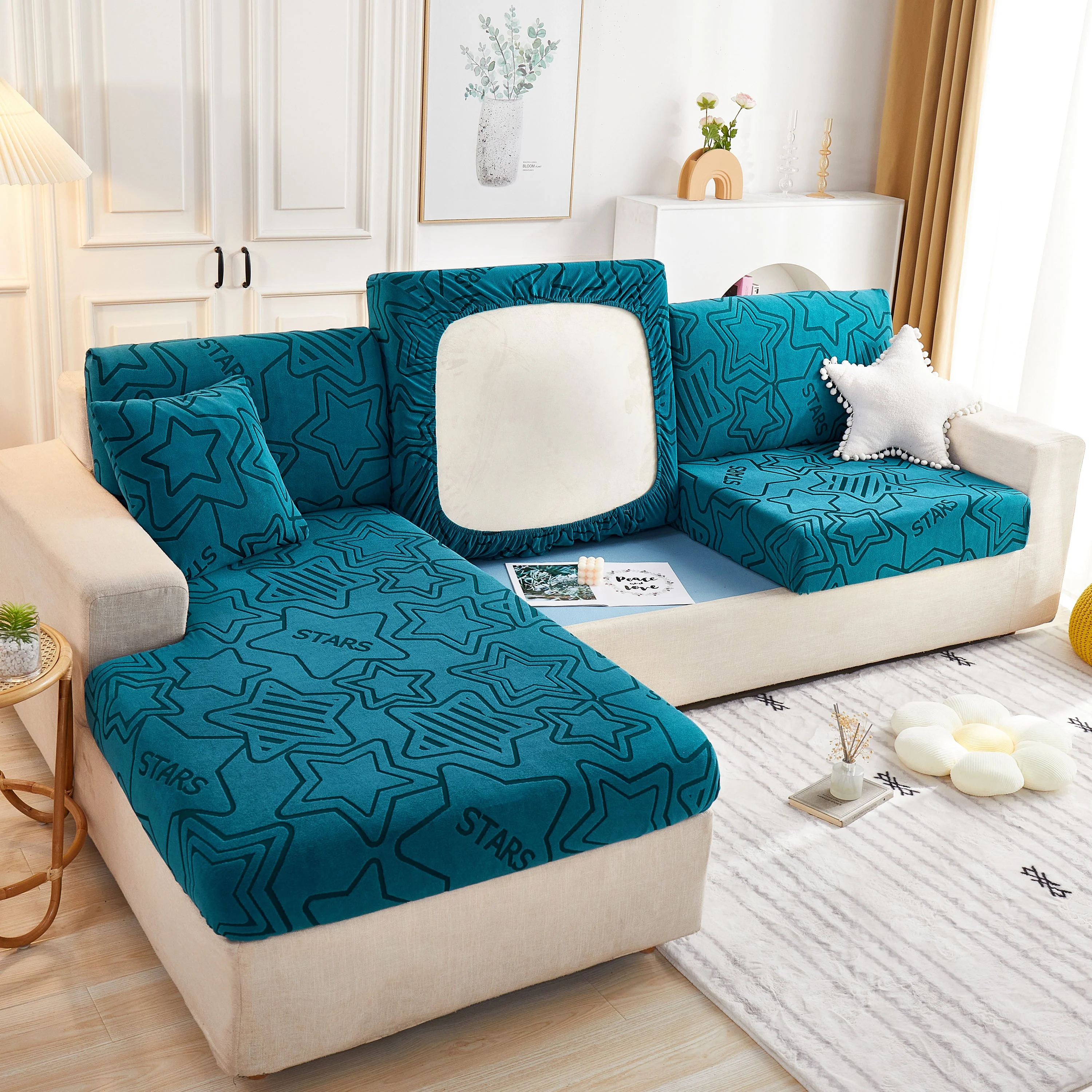 Starry Sky Jacquard Fleece Stretchable Non-Slip Cushion Covers Furniture Covers for L-Shaped Couch - Image 18
