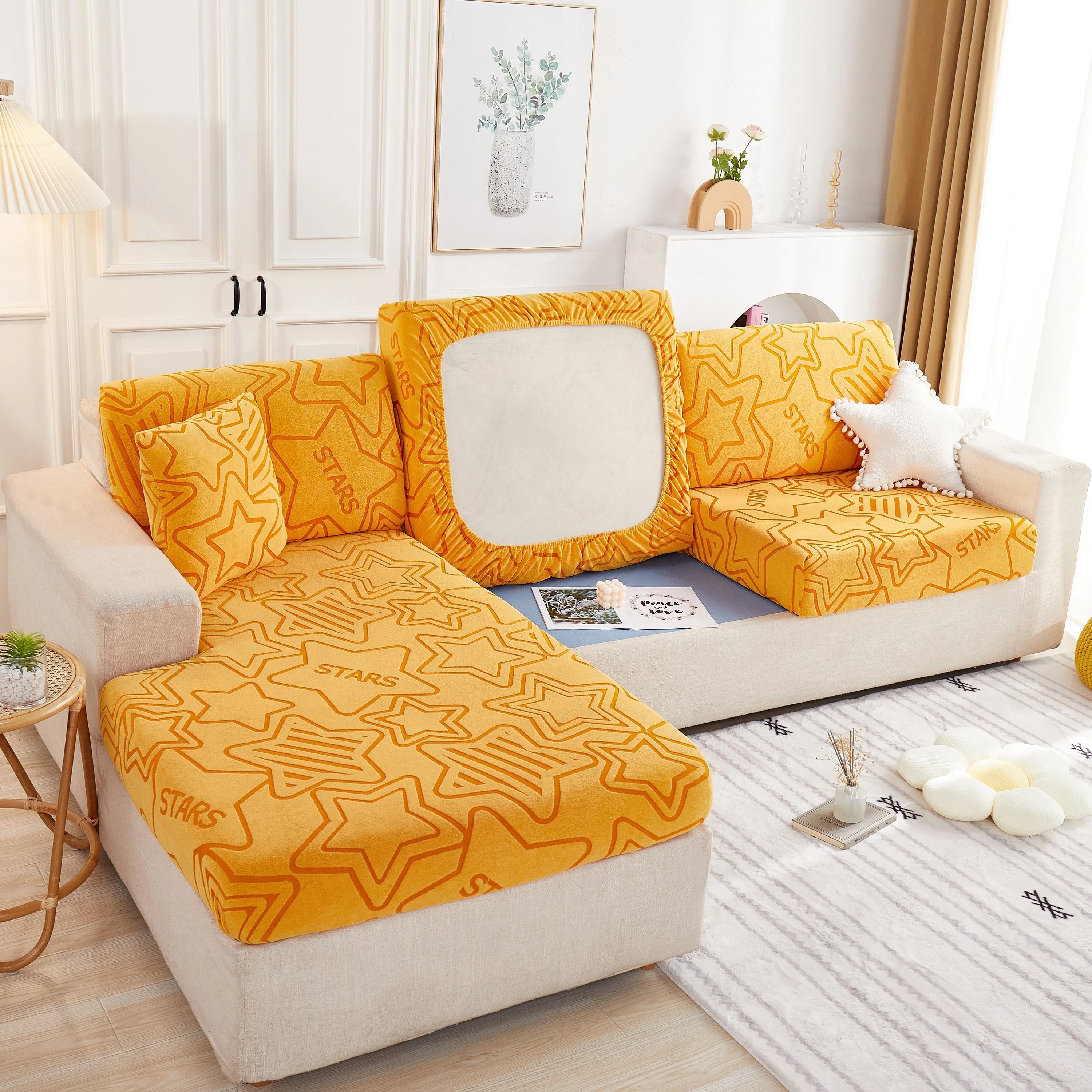 Starry Sky Jacquard Fleece Stretchable Non-Slip Cushion Covers Furniture Covers for L-Shaped Couch - Image 19