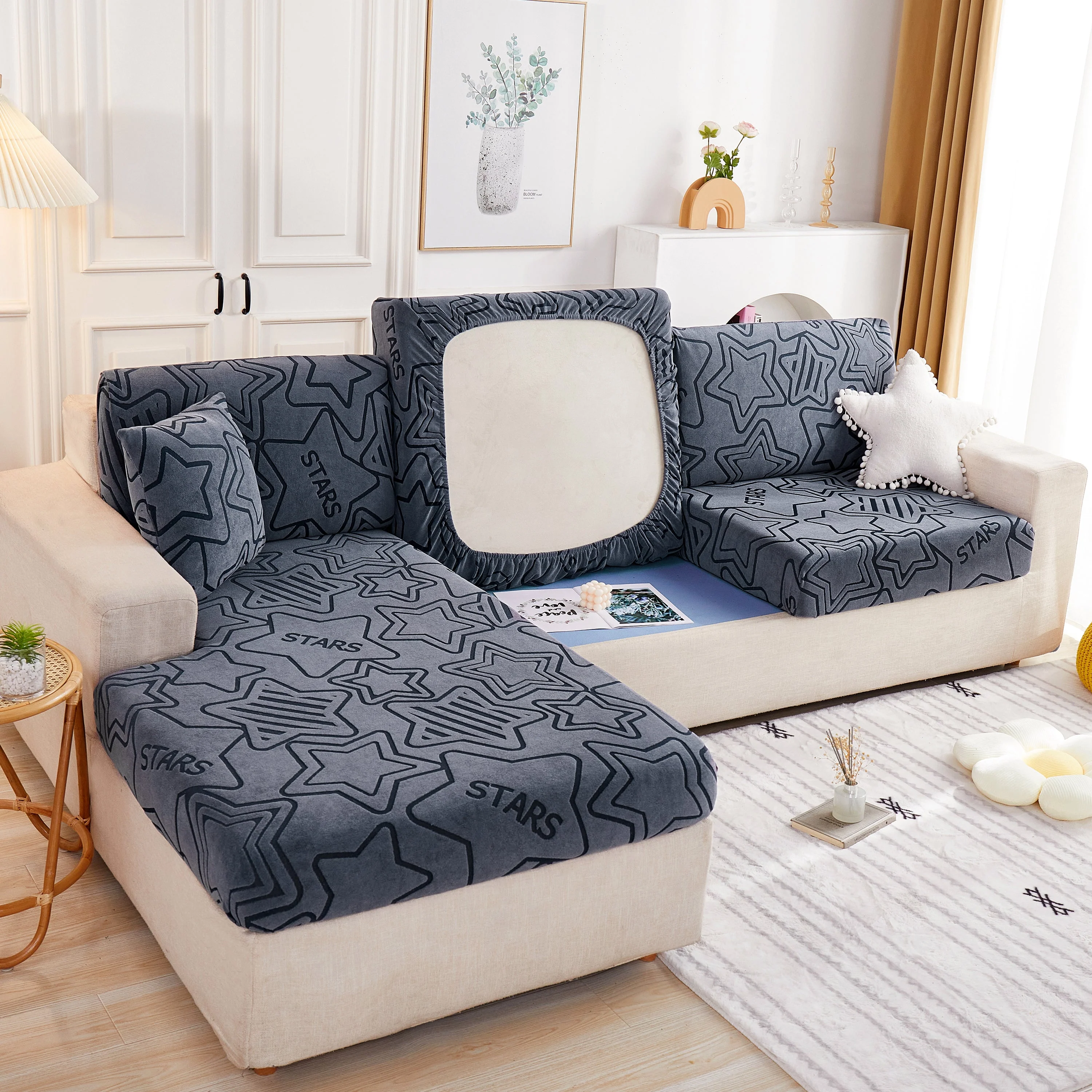 Starry Sky Jacquard Fleece Stretchable Non-Slip Cushion Covers Furniture Covers for L-Shaped Couch - Image 20