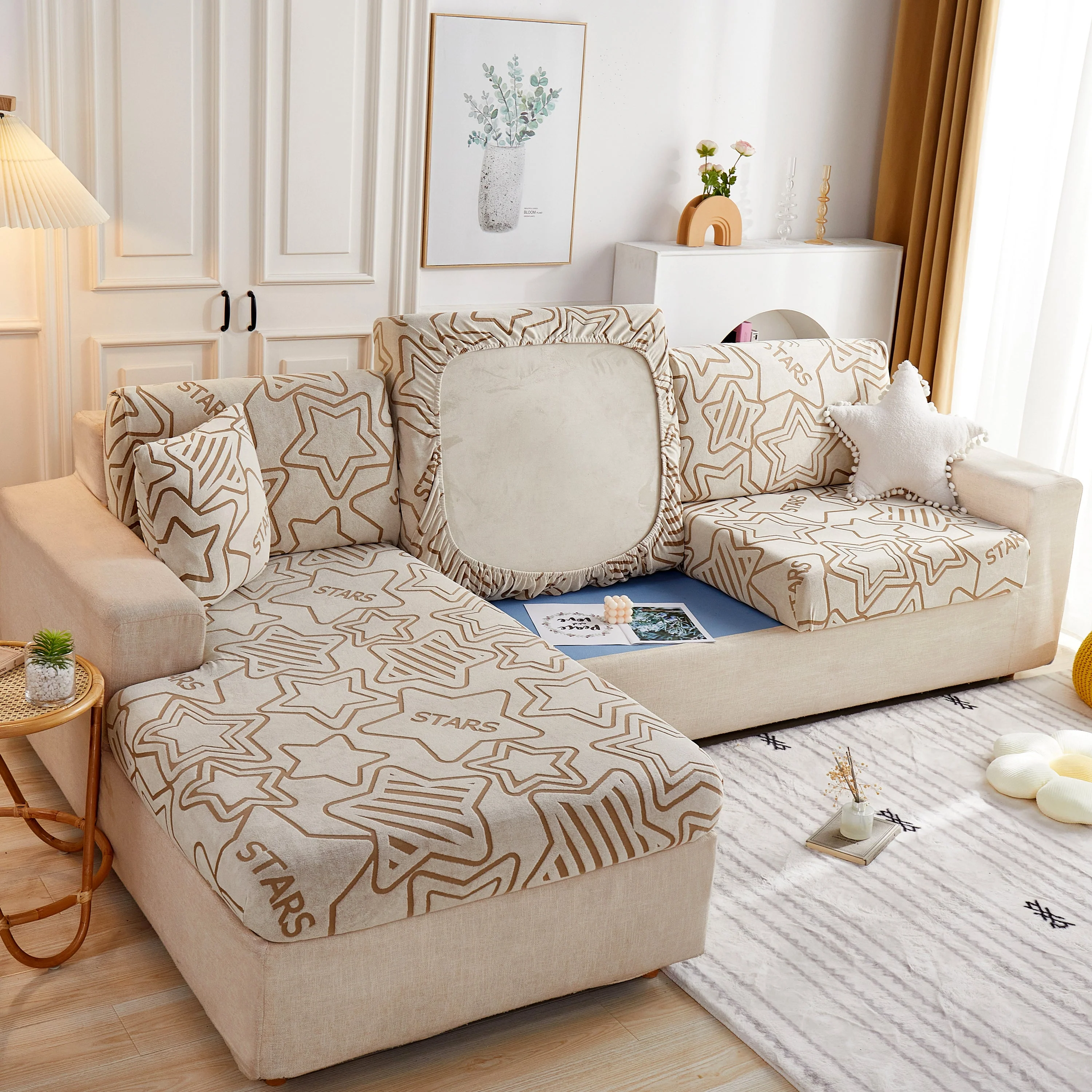 Starry Sky Jacquard Fleece Stretchable Non-Slip Cushion Covers Furniture Covers for L-Shaped Couch - Image 21