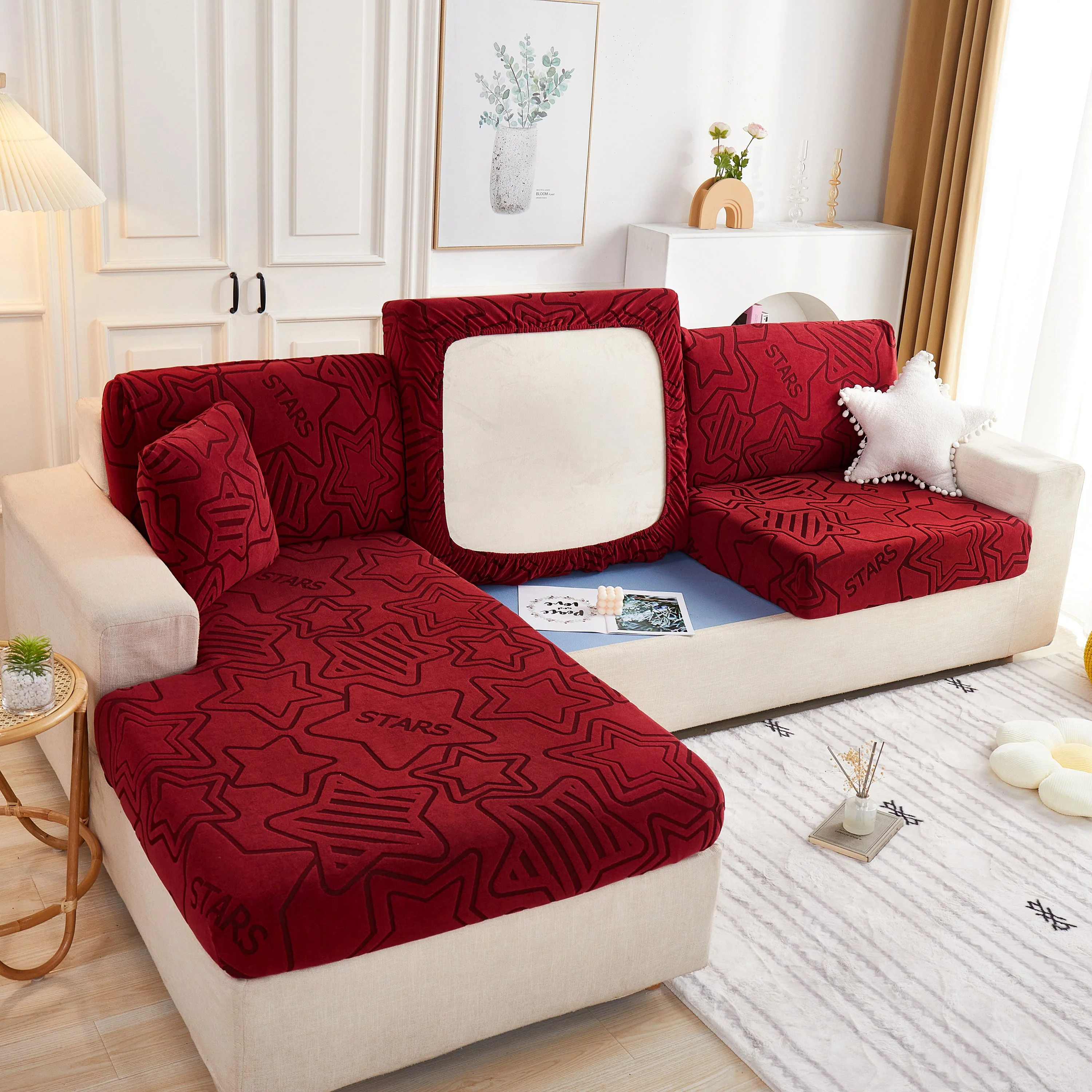Starry Sky Jacquard Fleece Stretchable Non-Slip Cushion Covers Furniture Covers for L-Shaped Couch - Image 22