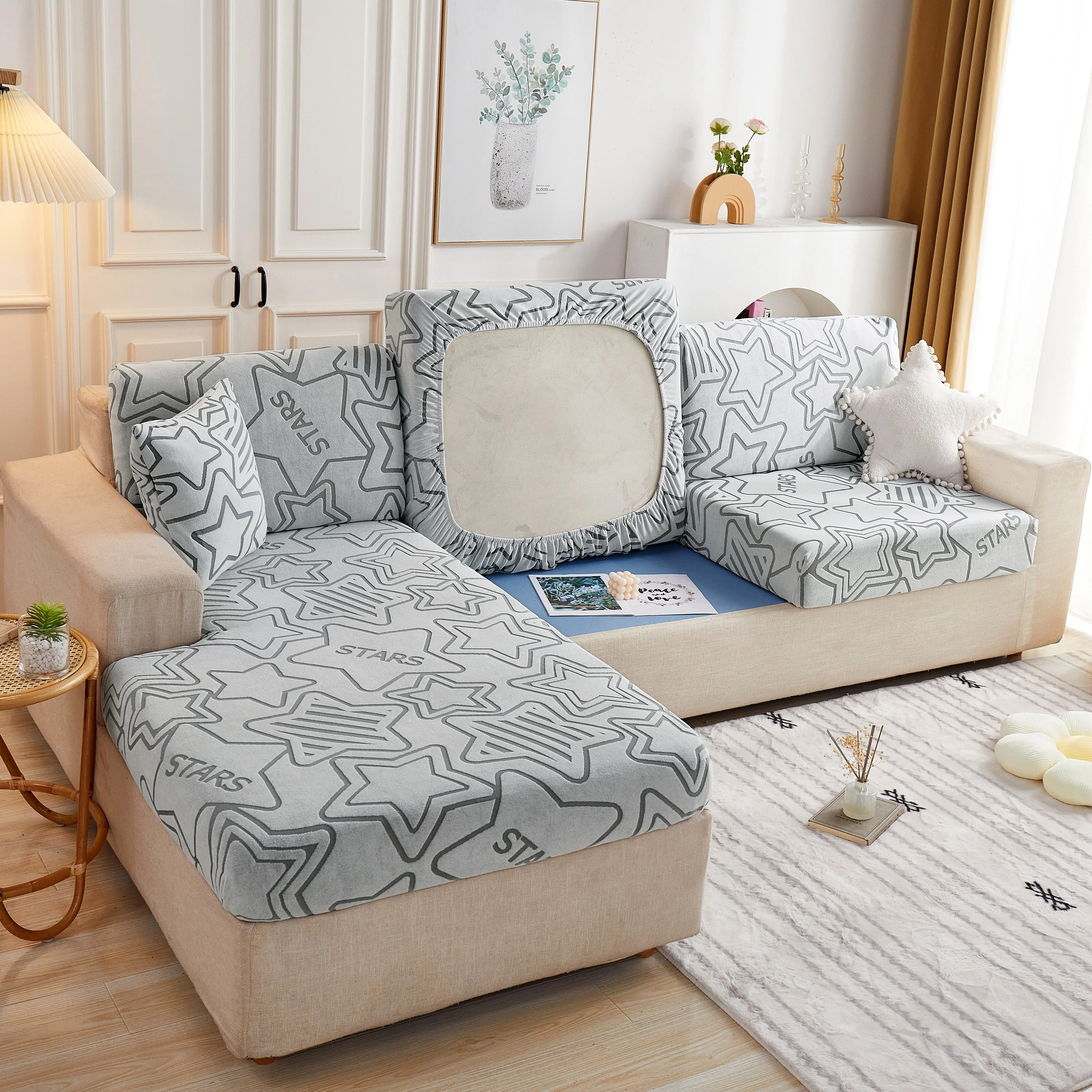 Starry Sky Jacquard Fleece Stretchable Non-Slip Cushion Covers Furniture Covers for L-Shaped Couch - Image 23