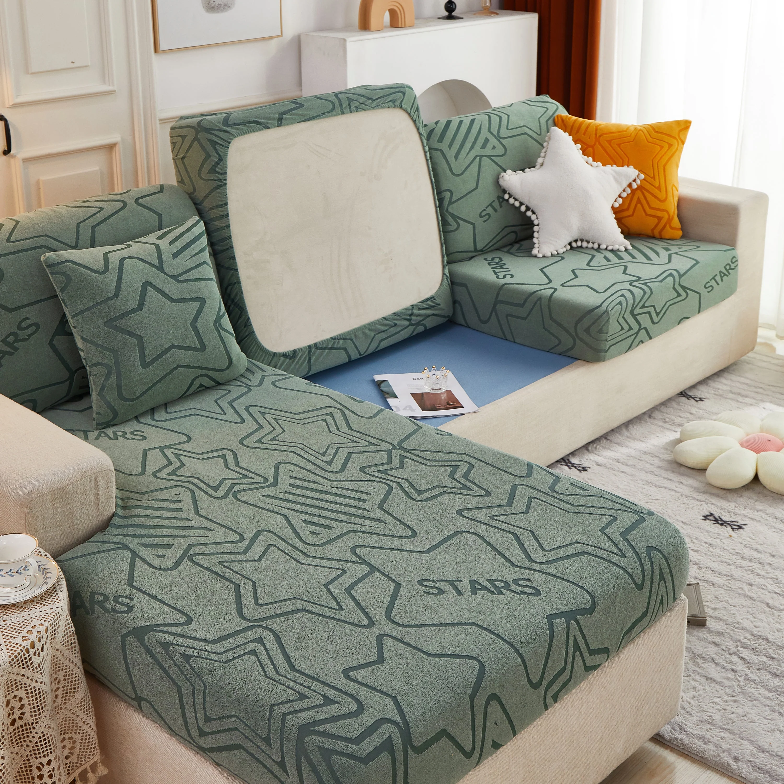 Starry Sky Jacquard Fleece Stretchable Non-Slip Cushion Covers Furniture Covers for L-Shaped Couch - Image 24