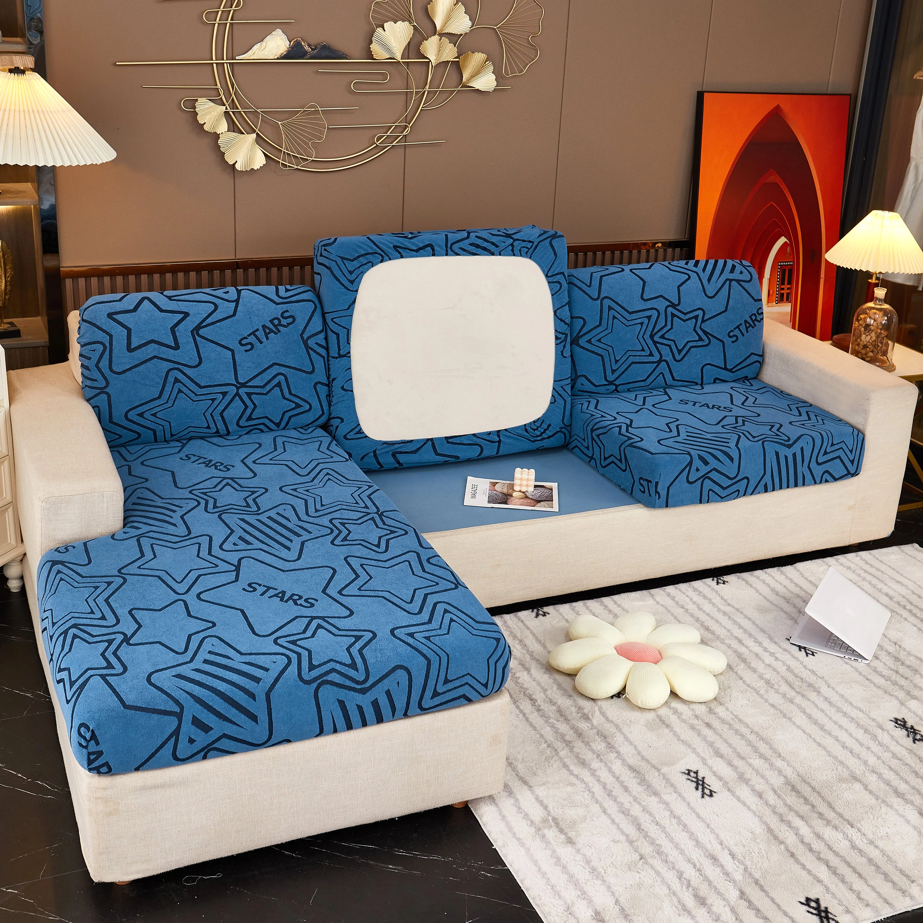 Starry Sky Jacquard Fleece Stretchable Non-Slip Cushion Covers Furniture Covers for L-Shaped Couch - Image 25