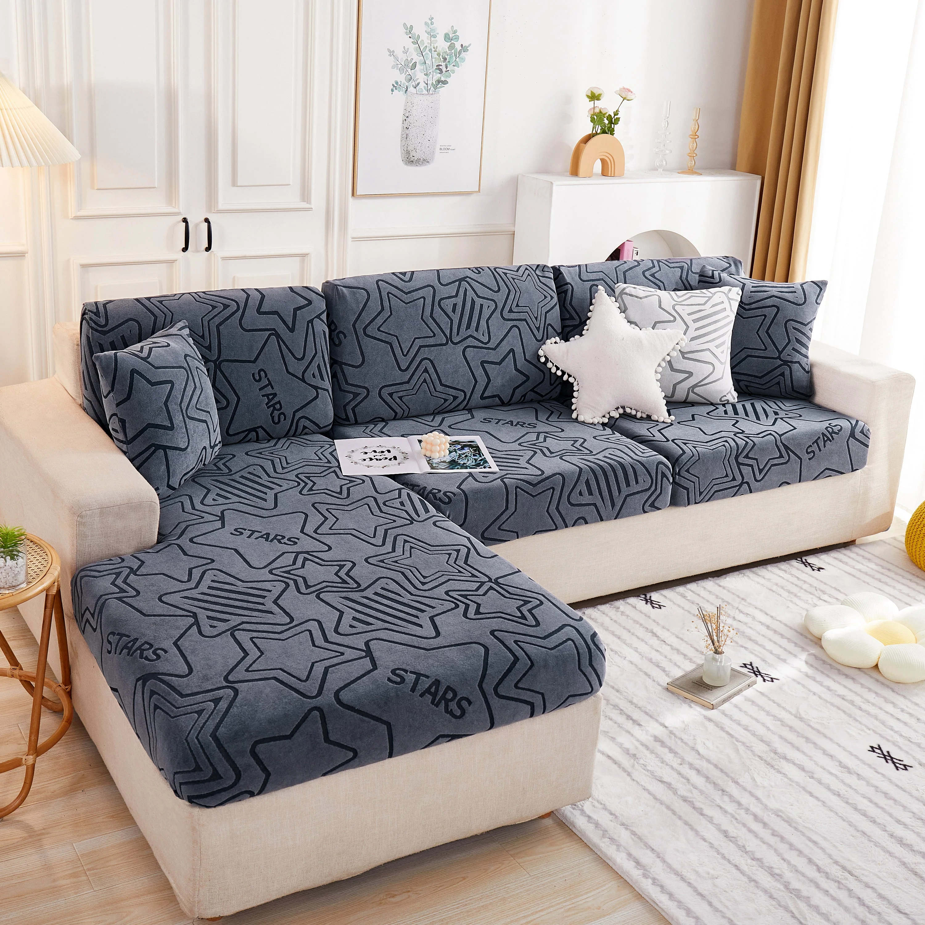 Starry Sky Jacquard Fleece Stretchable Non-Slip Cushion Covers Furniture Covers for L-Shaped Couch - Image 33