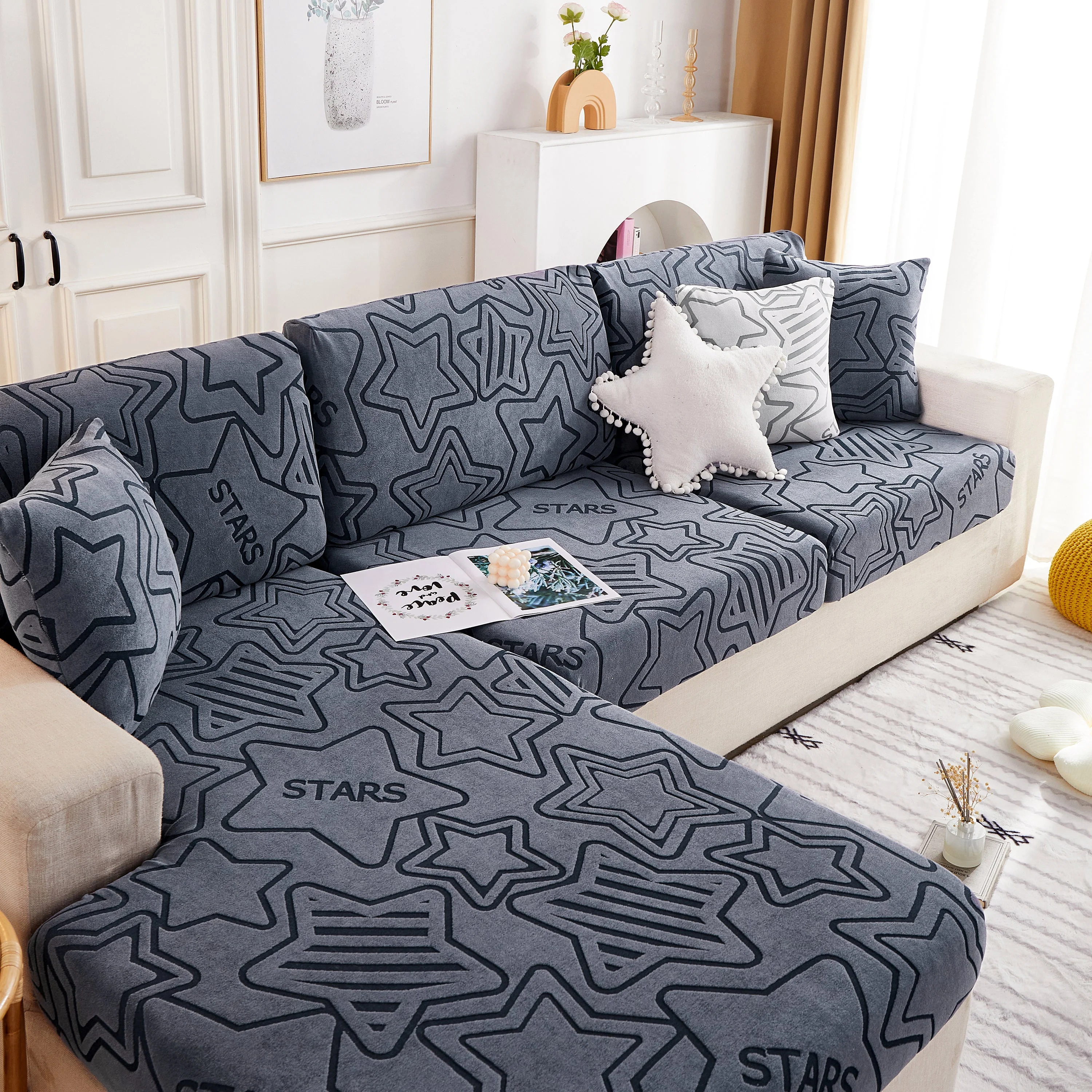 Starry Sky Jacquard Fleece Stretchable Non-Slip Cushion Covers Furniture Covers for L-Shaped Couch - Image 34
