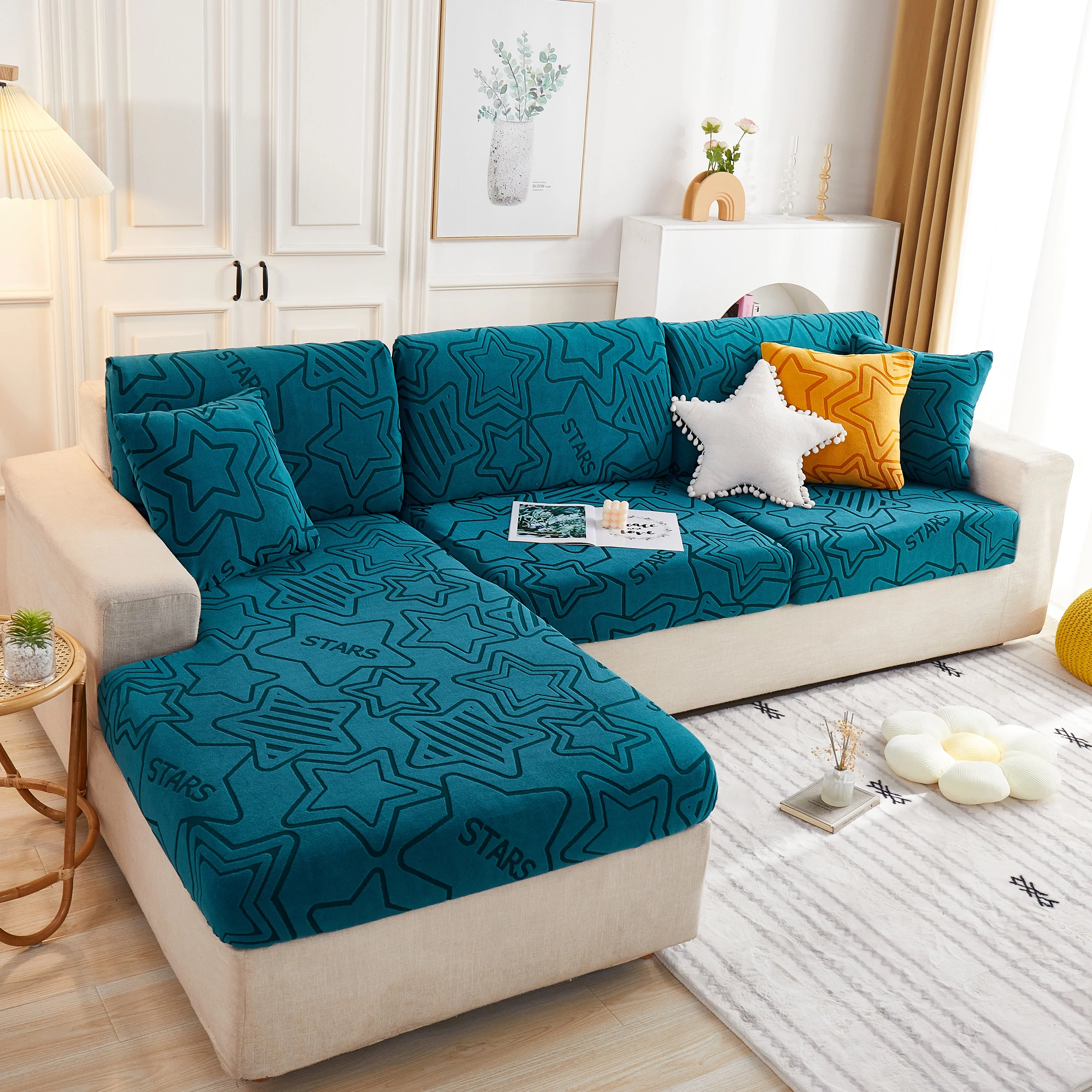Starry Sky Jacquard Fleece Stretchable Non-Slip Cushion Covers Furniture Covers for L-Shaped Couch - Image 40