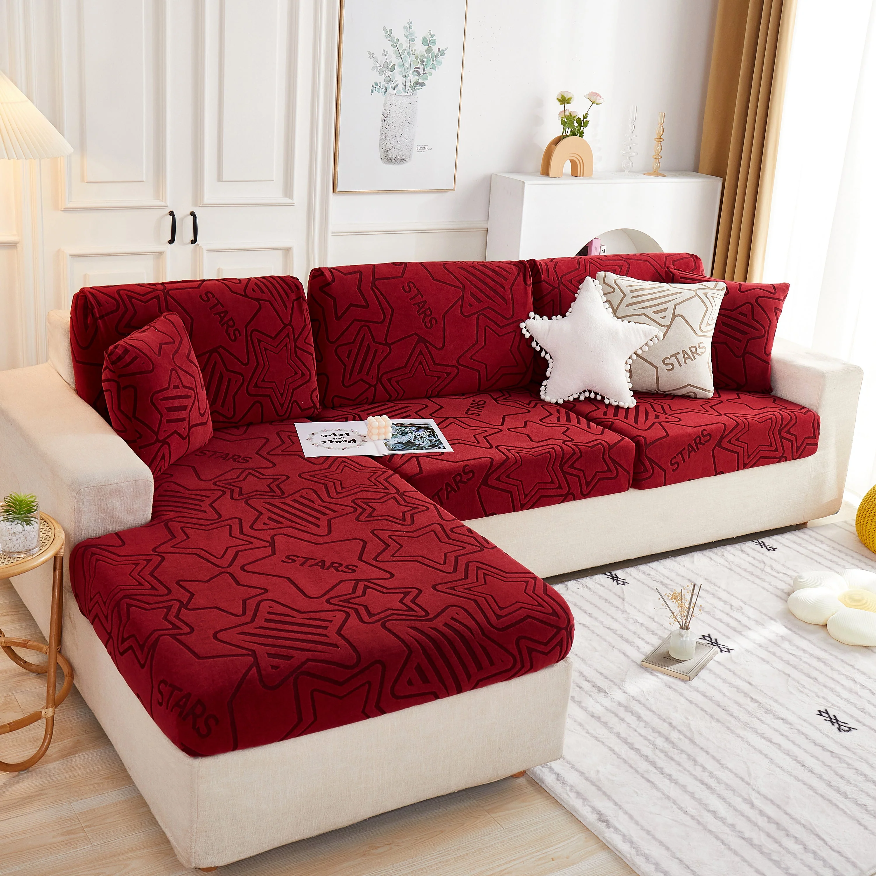 Starry Sky Jacquard Fleece Stretchable Non-Slip Cushion Covers Furniture Covers for L-Shaped Couch - Image 46
