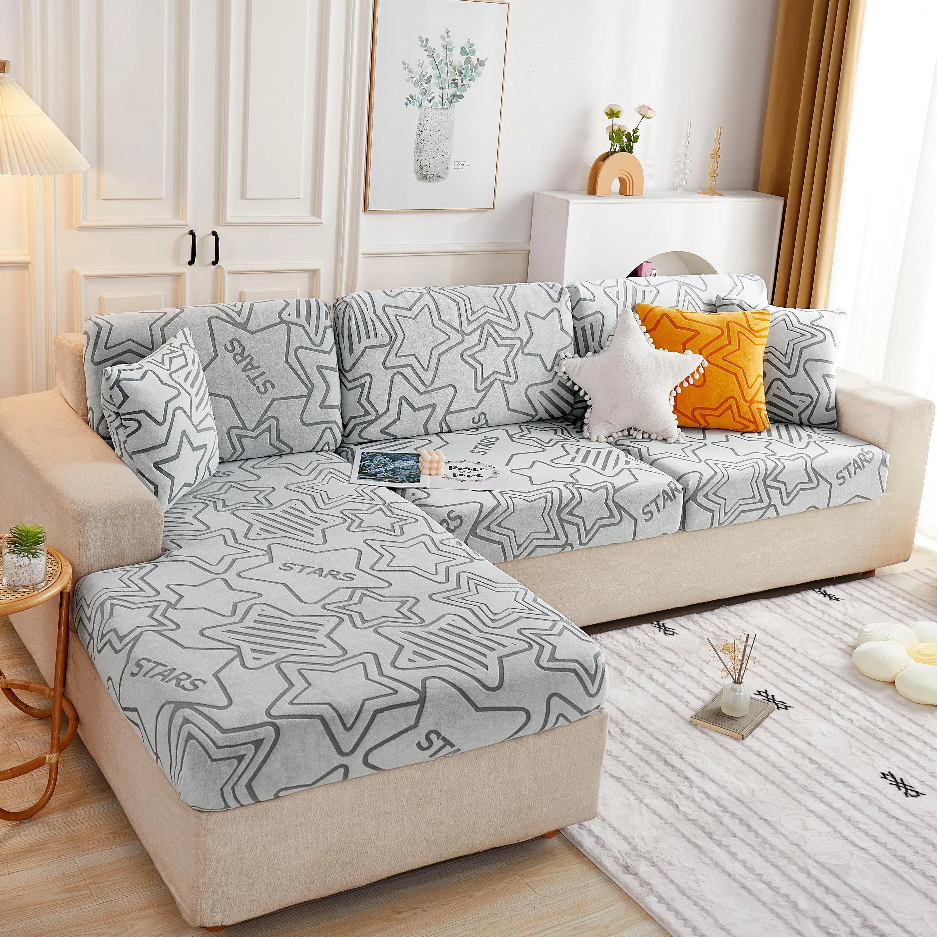 Starry Sky Jacquard Fleece Stretchable Non-Slip Cushion Covers Furniture Covers for L-Shaped Couch - Image 54