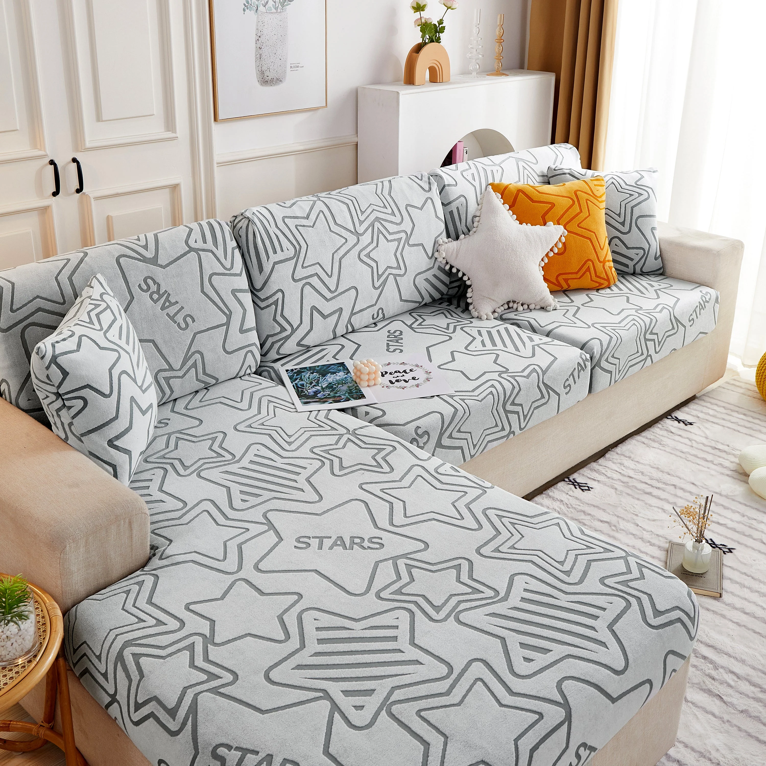 Starry Sky Jacquard Fleece Stretchable Non-Slip Cushion Covers Furniture Covers for L-Shaped Couch - Image 55
