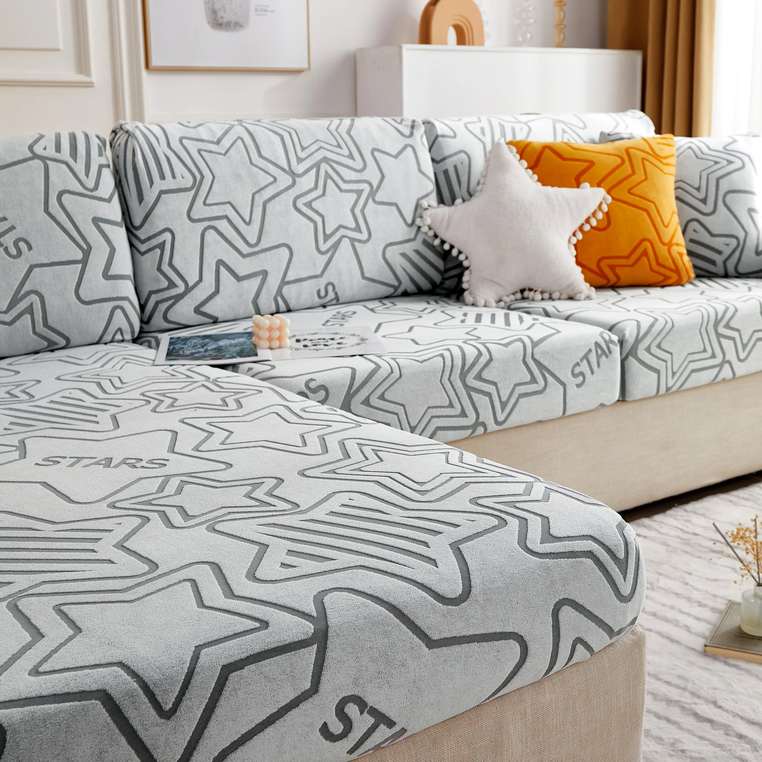 Starry Sky Jacquard Fleece Stretchable Non-Slip Cushion Covers Furniture Covers for L-Shaped Couch - Image 56