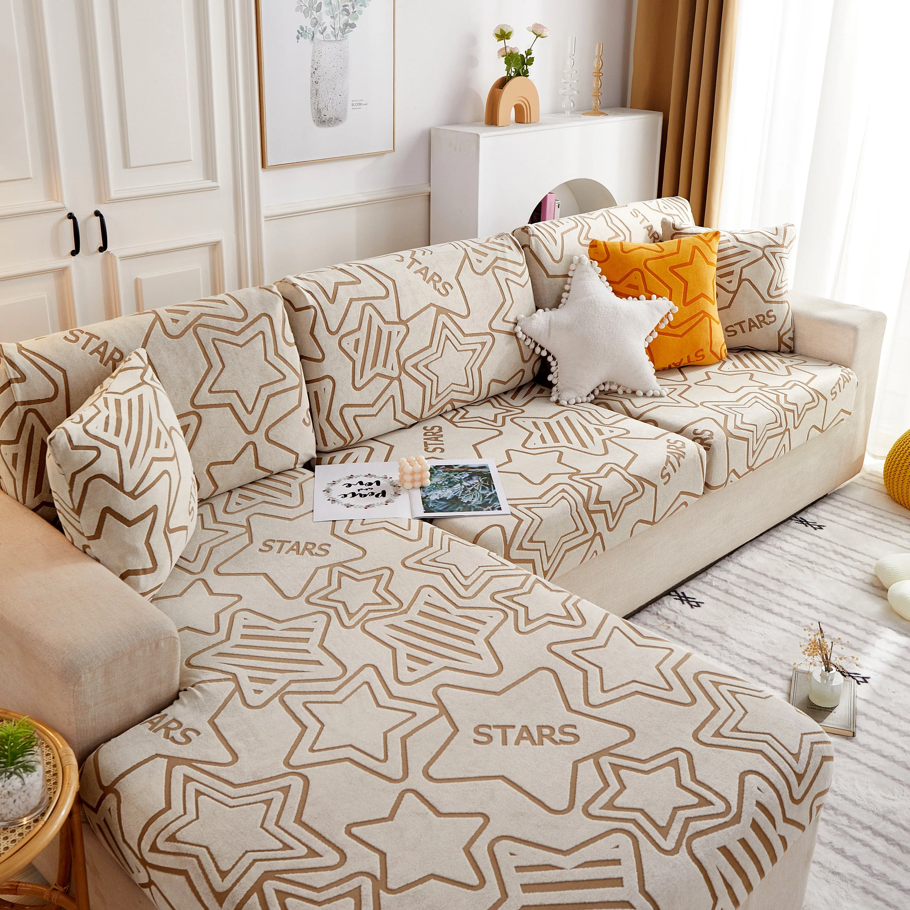 Starry Sky Jacquard Fleece Stretchable Non-Slip Cushion Covers Furniture Covers for L-Shaped Couch - Image 6