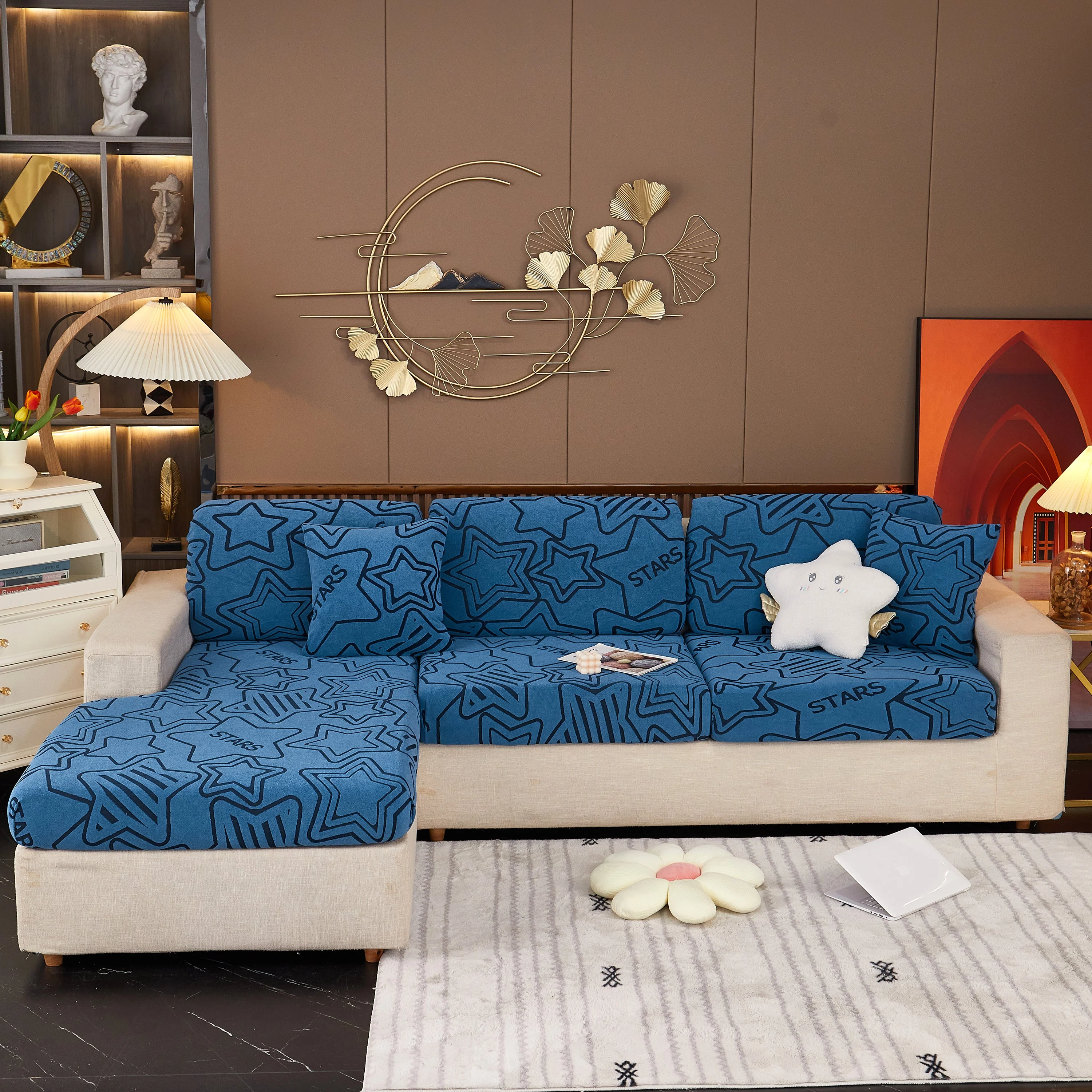 Starry Sky Jacquard Fleece Stretchable Non-Slip Cushion Covers Furniture Covers for L-Shaped Couch - Image 64