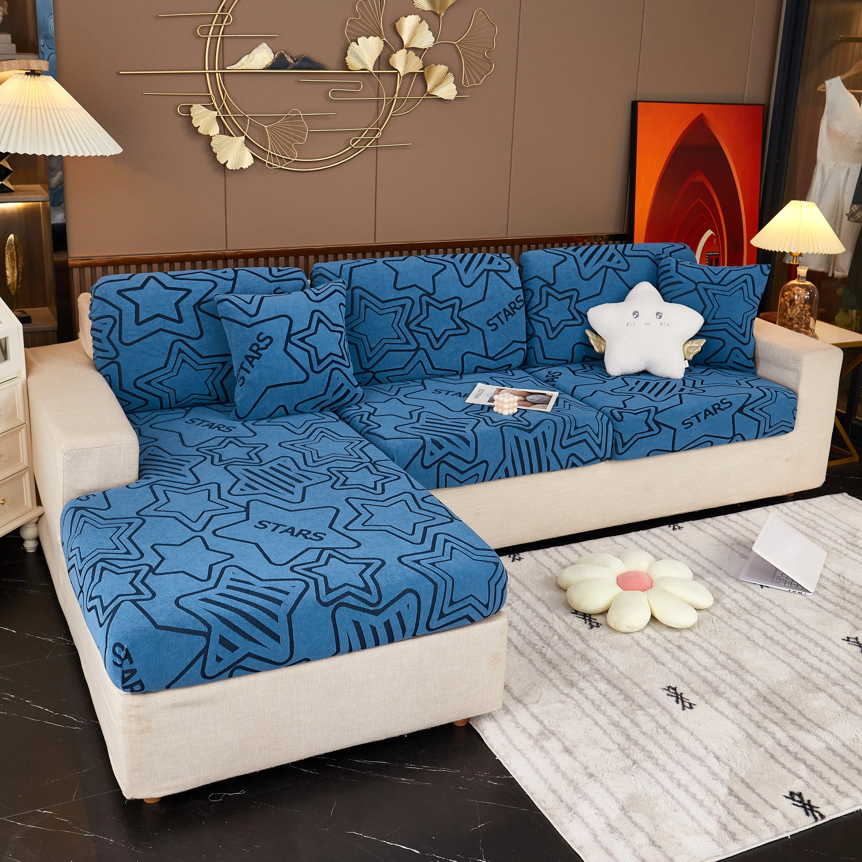 Starry Sky Jacquard Fleece Stretchable Non-Slip Cushion Covers Furniture Covers for L-Shaped Couch - Image 65