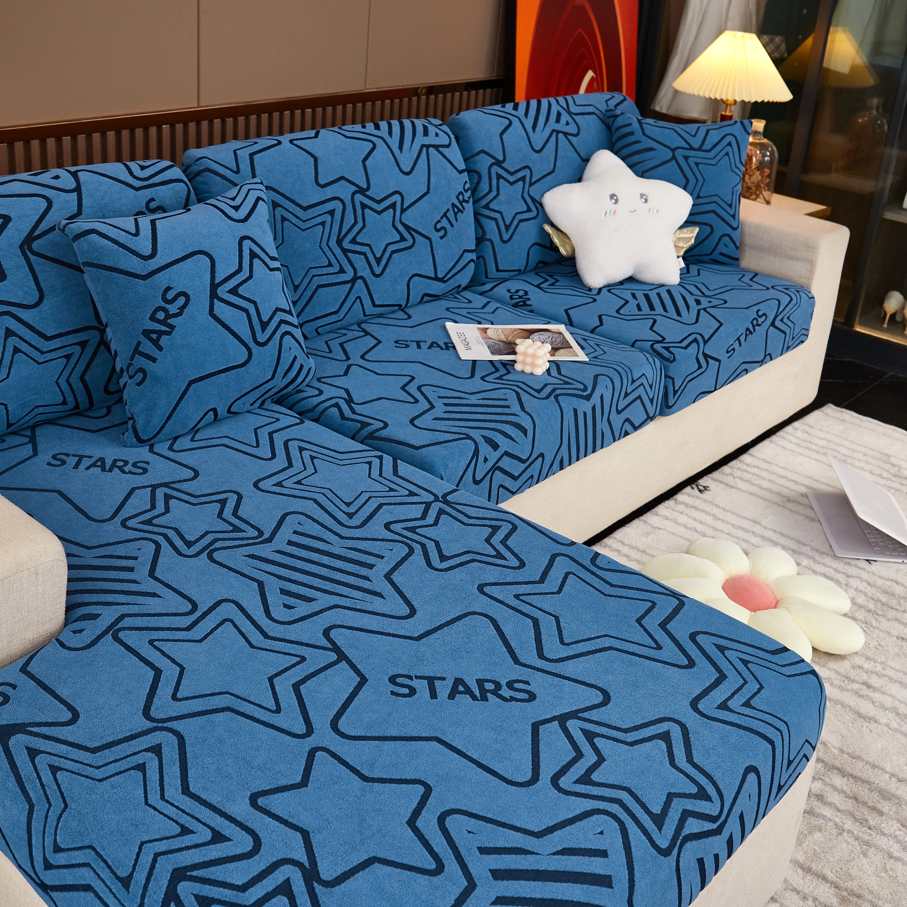 Starry Sky Jacquard Fleece Stretchable Non-Slip Cushion Covers Furniture Covers for L-Shaped Couch - Image 66