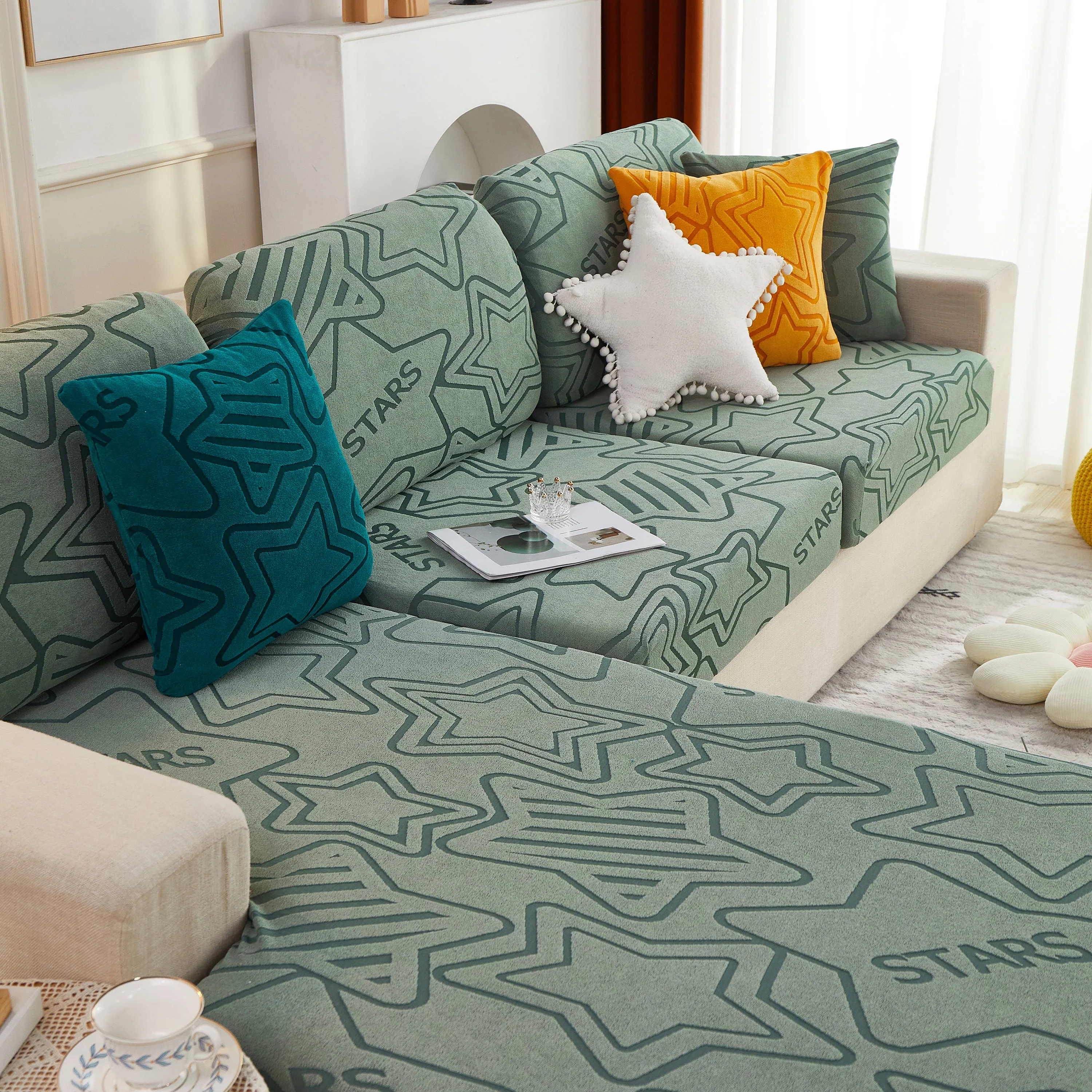 Starry Sky Jacquard Fleece Stretchable Non-Slip Cushion Covers Furniture Covers for L-Shaped Couch - Image 74