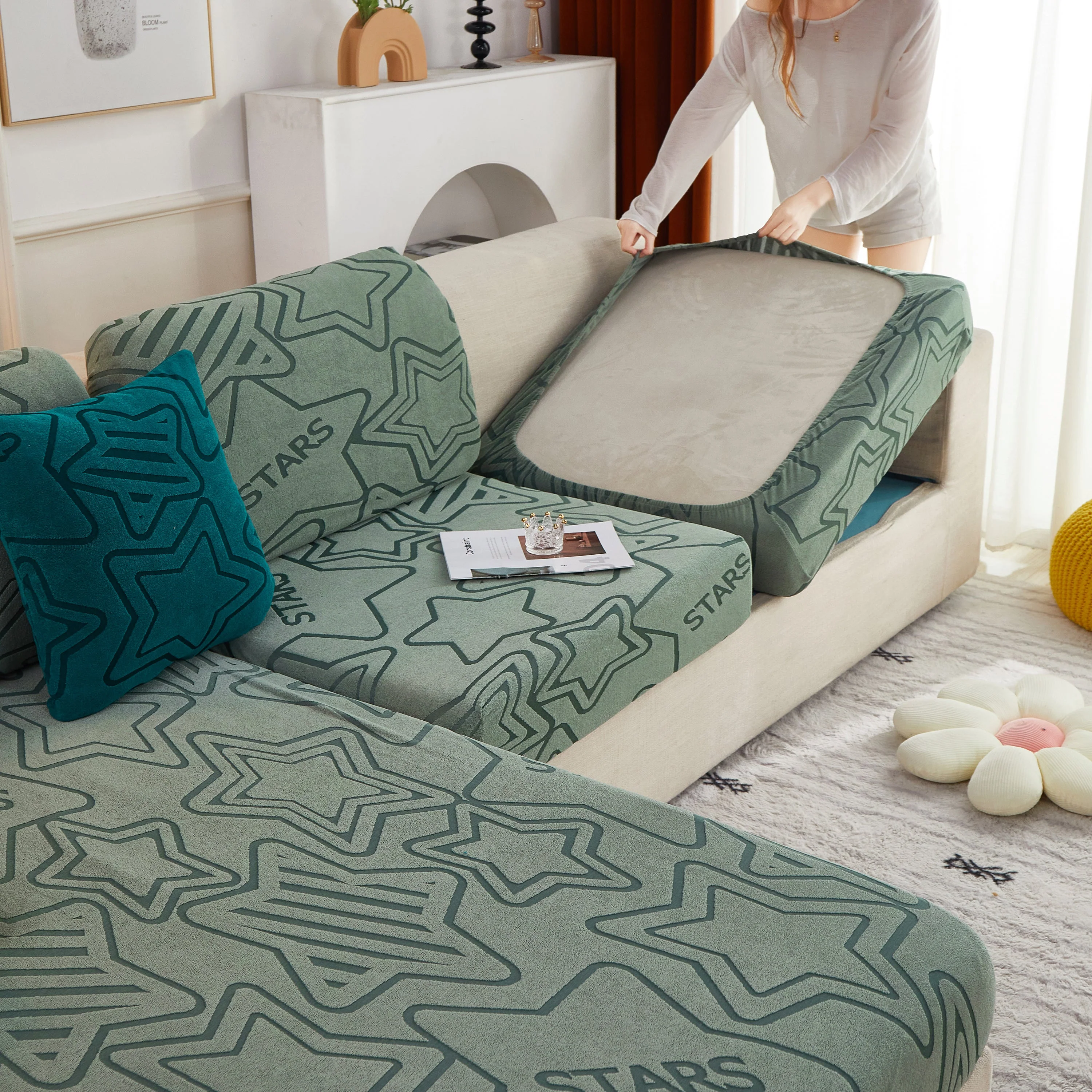 Starry Sky Jacquard Fleece Stretchable Non-Slip Cushion Covers Furniture Covers for L-Shaped Couch - Image 77