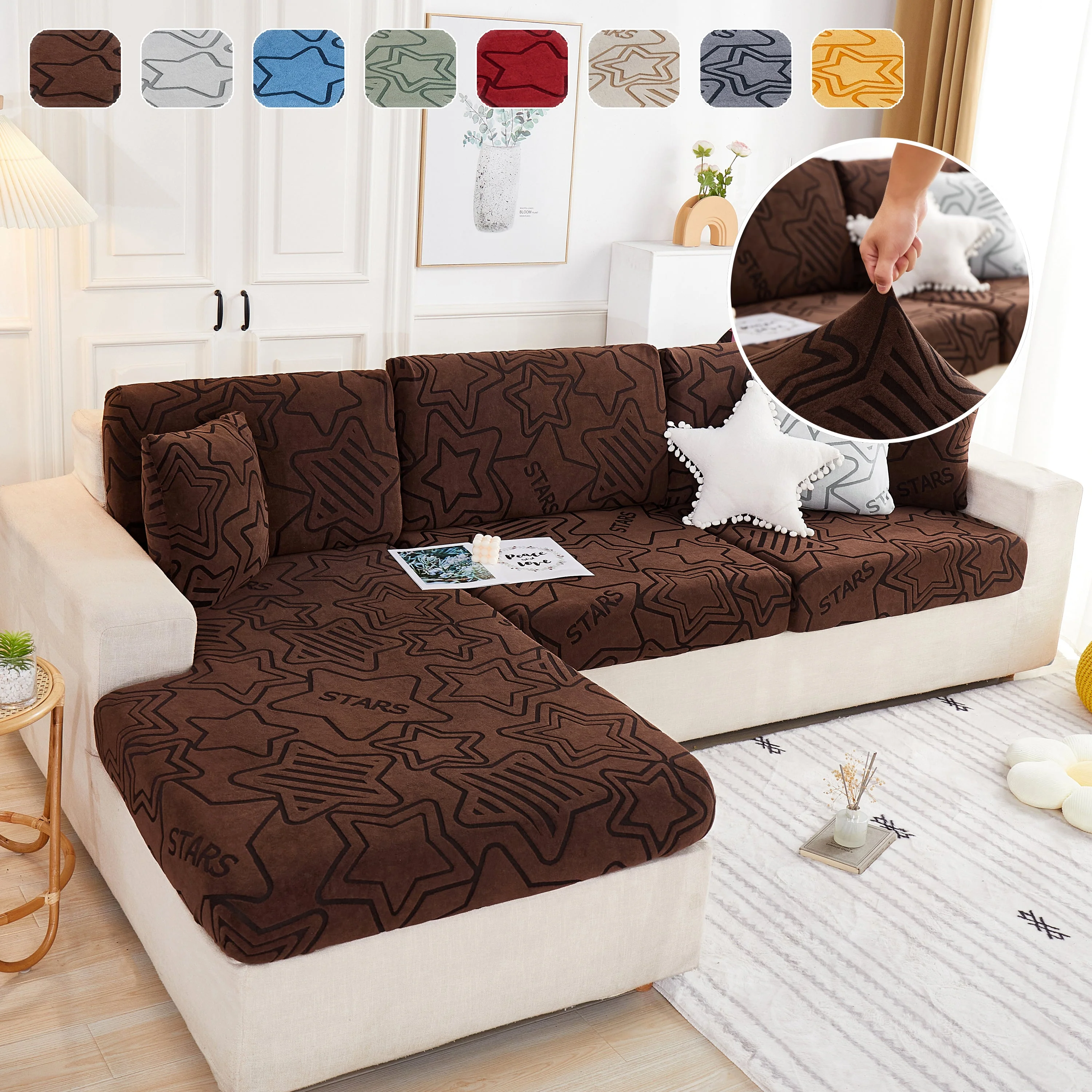 Starry Sky Jacquard Fleece Stretchable Non-Slip Cushion Covers Furniture Covers for L-Shaped Couch - Image 9