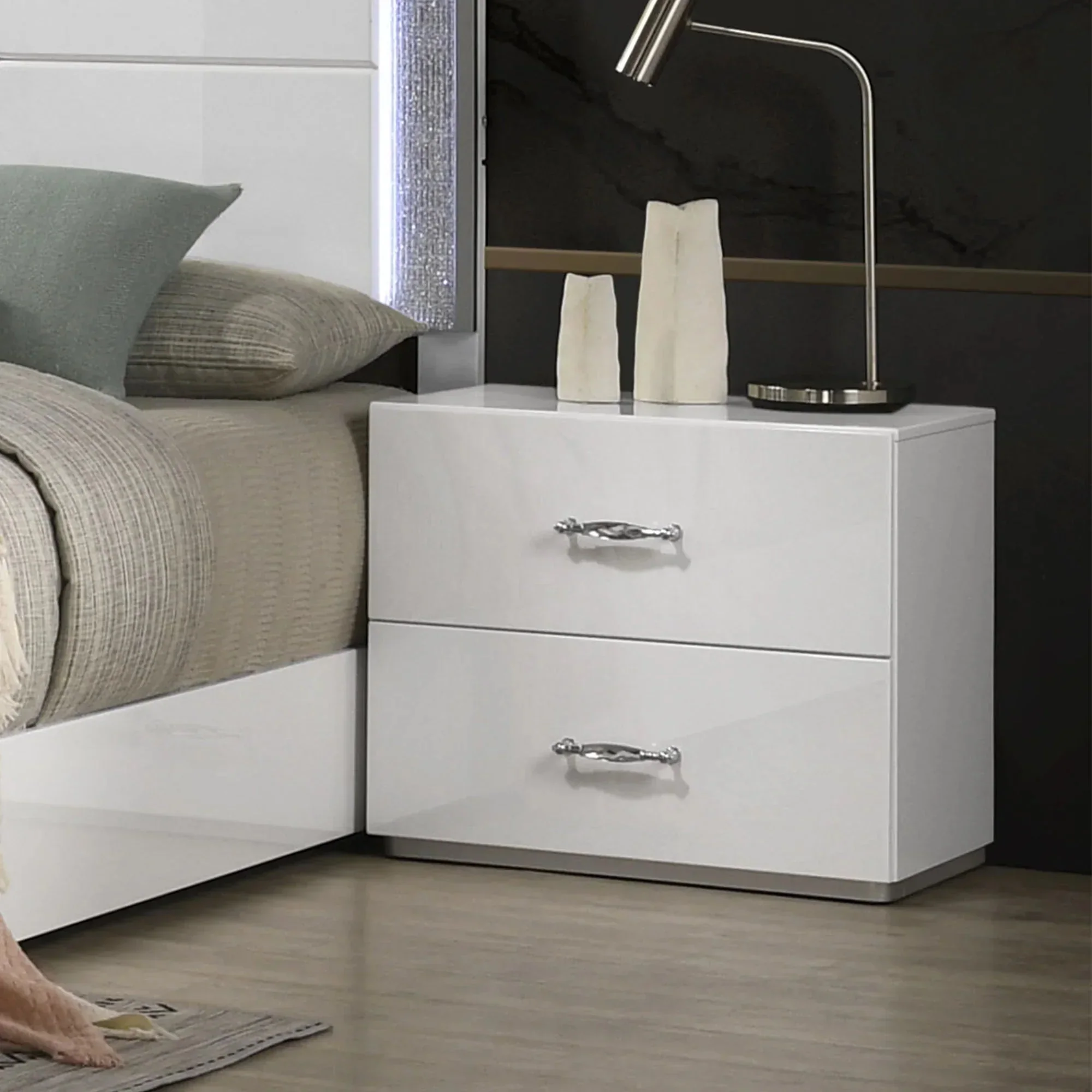Stoholm Modern White Nightstand with 2-Drawer and Chrome Handles - Image 4