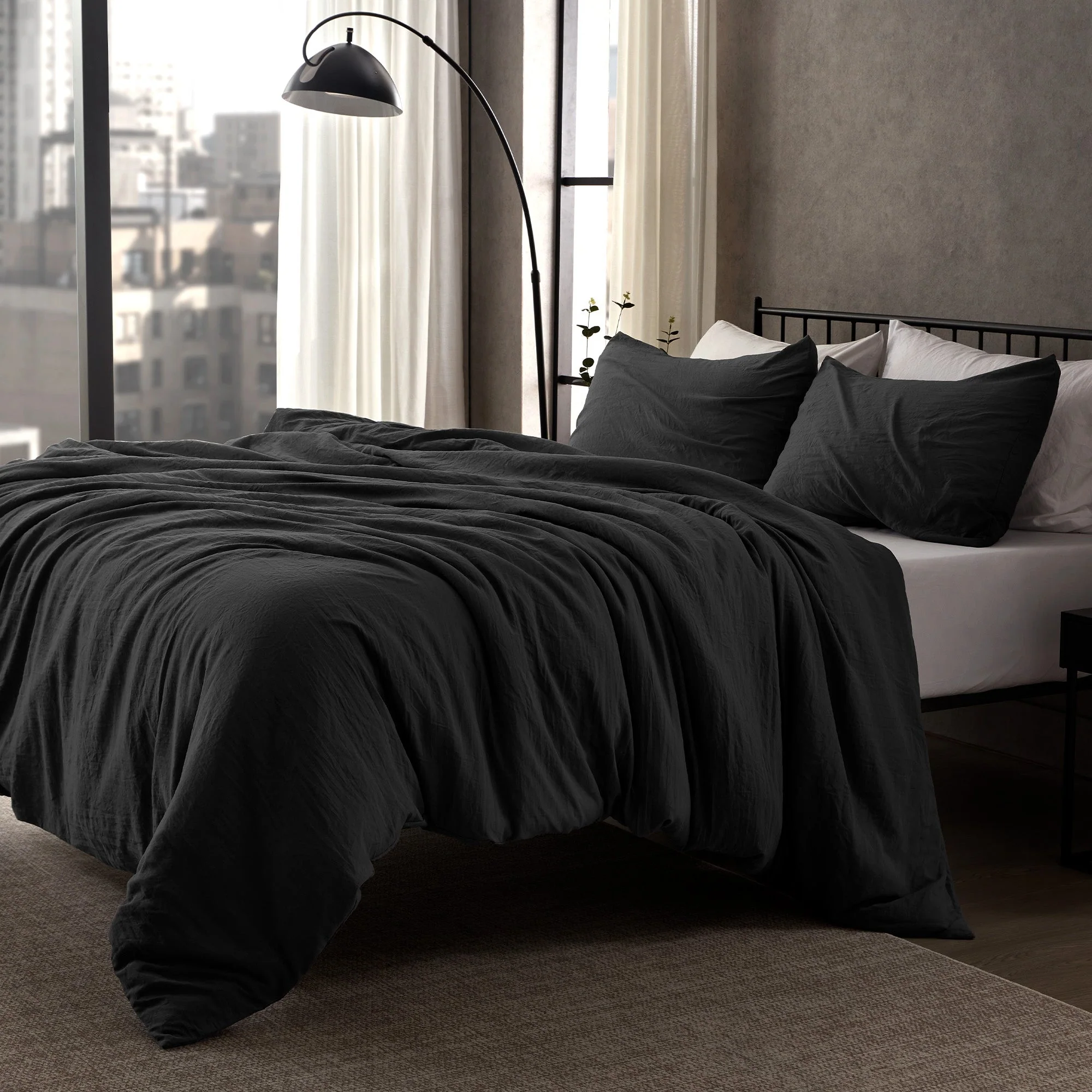 Stone Washed Duvet Cover Set - Black - Image 2