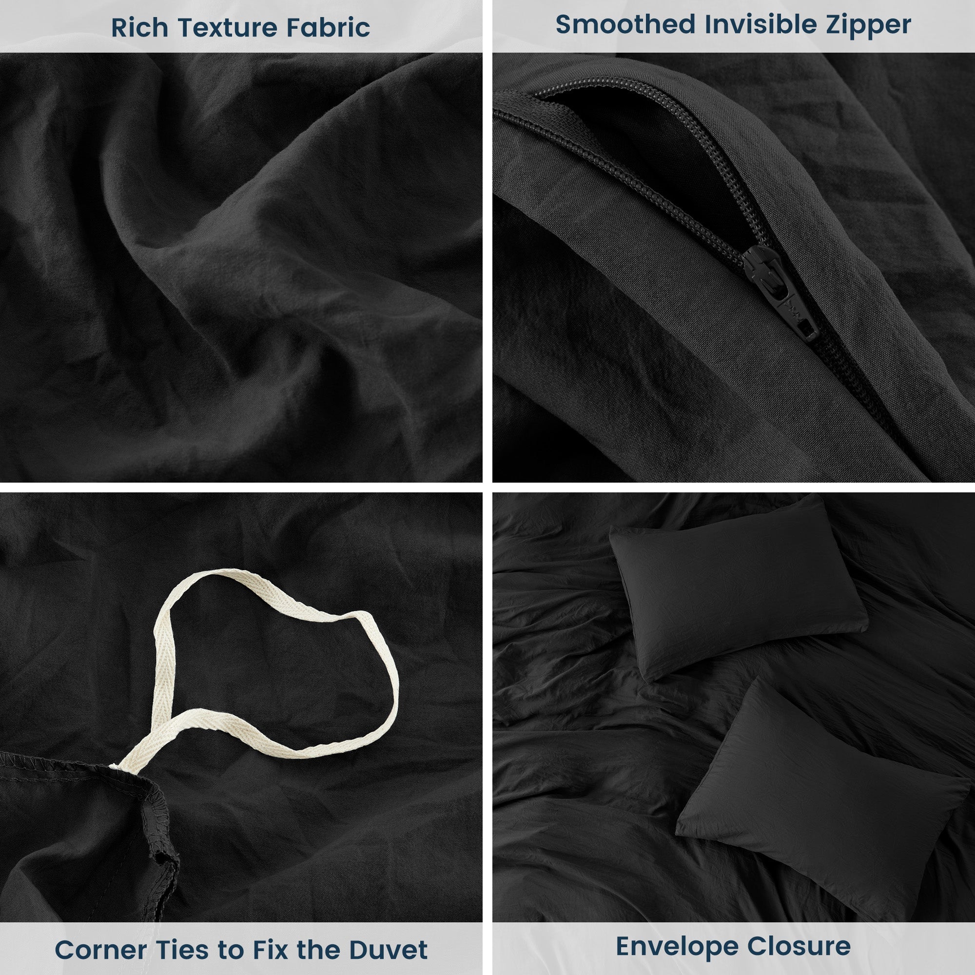 Stone Washed Duvet Cover Set - Black - Image 3