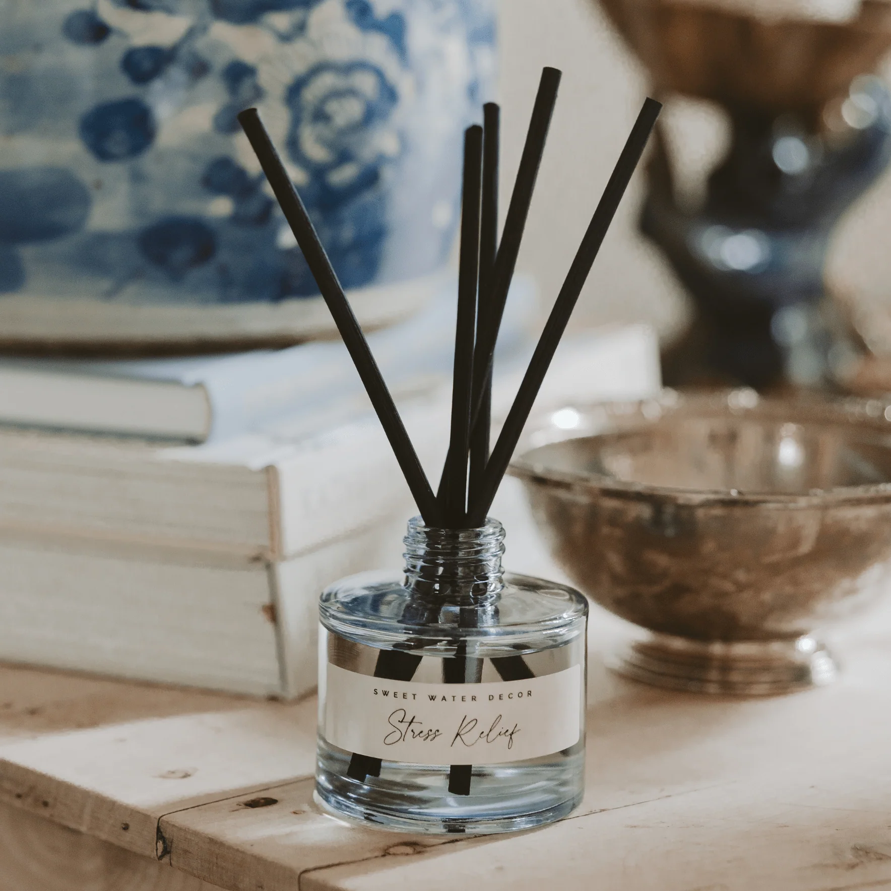 Stress Relief Blue Tinted Glass Jar Reed Diffuser - Image 4