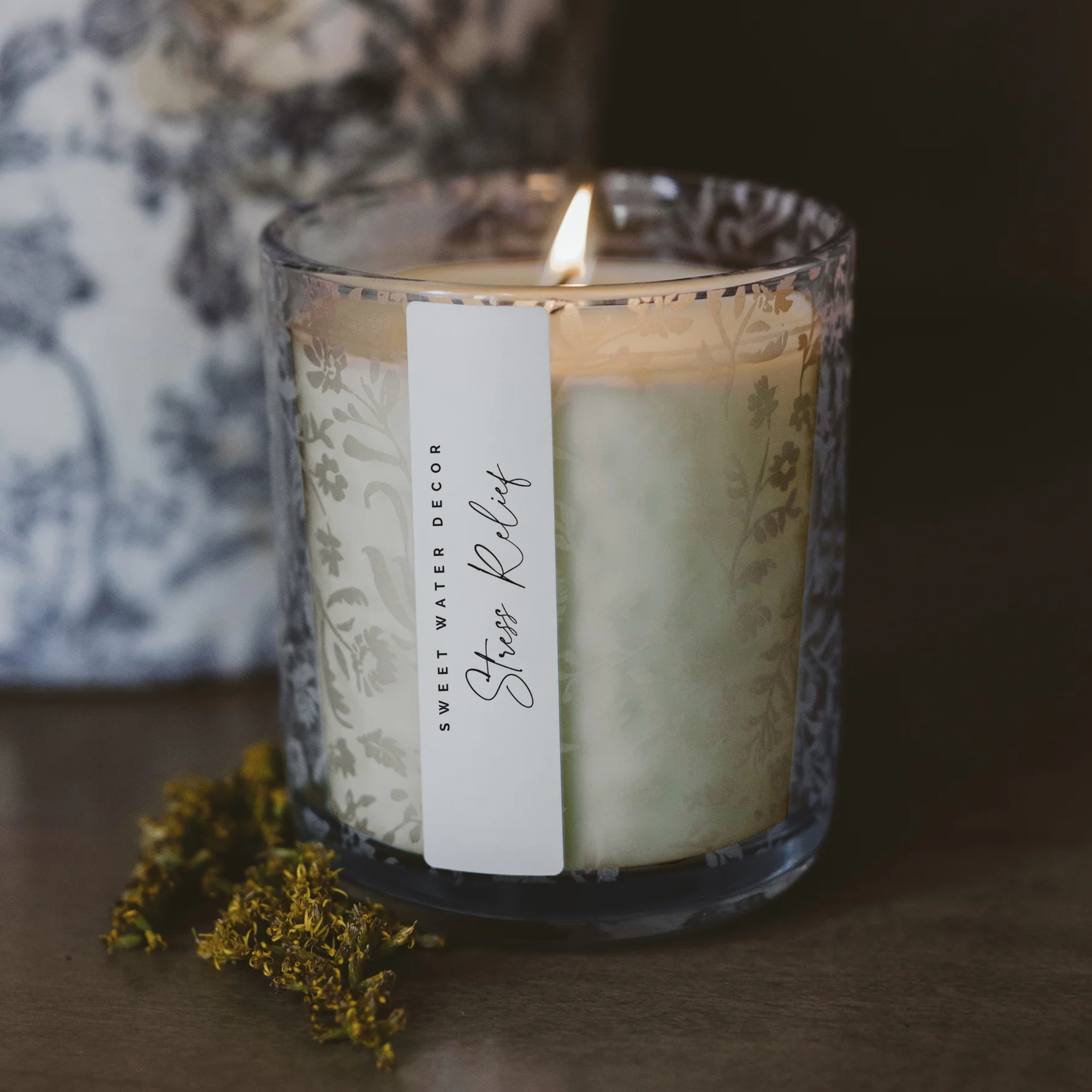 Stress Relief Soy Candle - Blue Tinted Glass Jar - 12 oz - Image 2