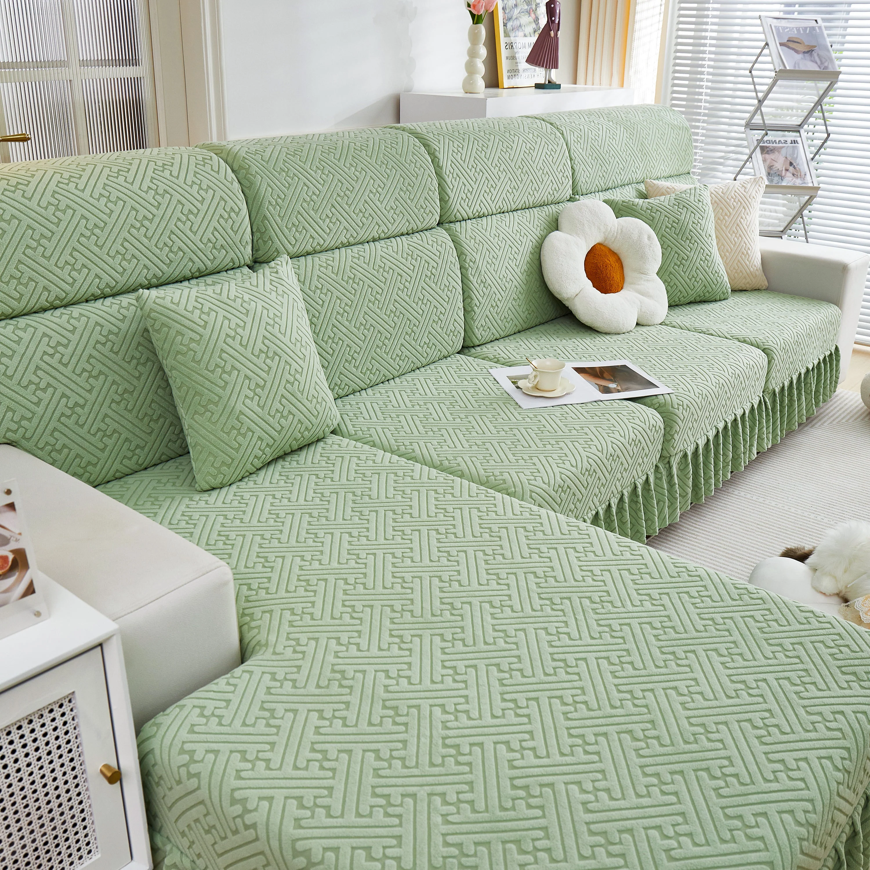 Stretch Sofa Covers with Skirt for Couch Seat and Cushion, Chaise, Sectional, 1/2/3/4 Seater Sofas - Image 100