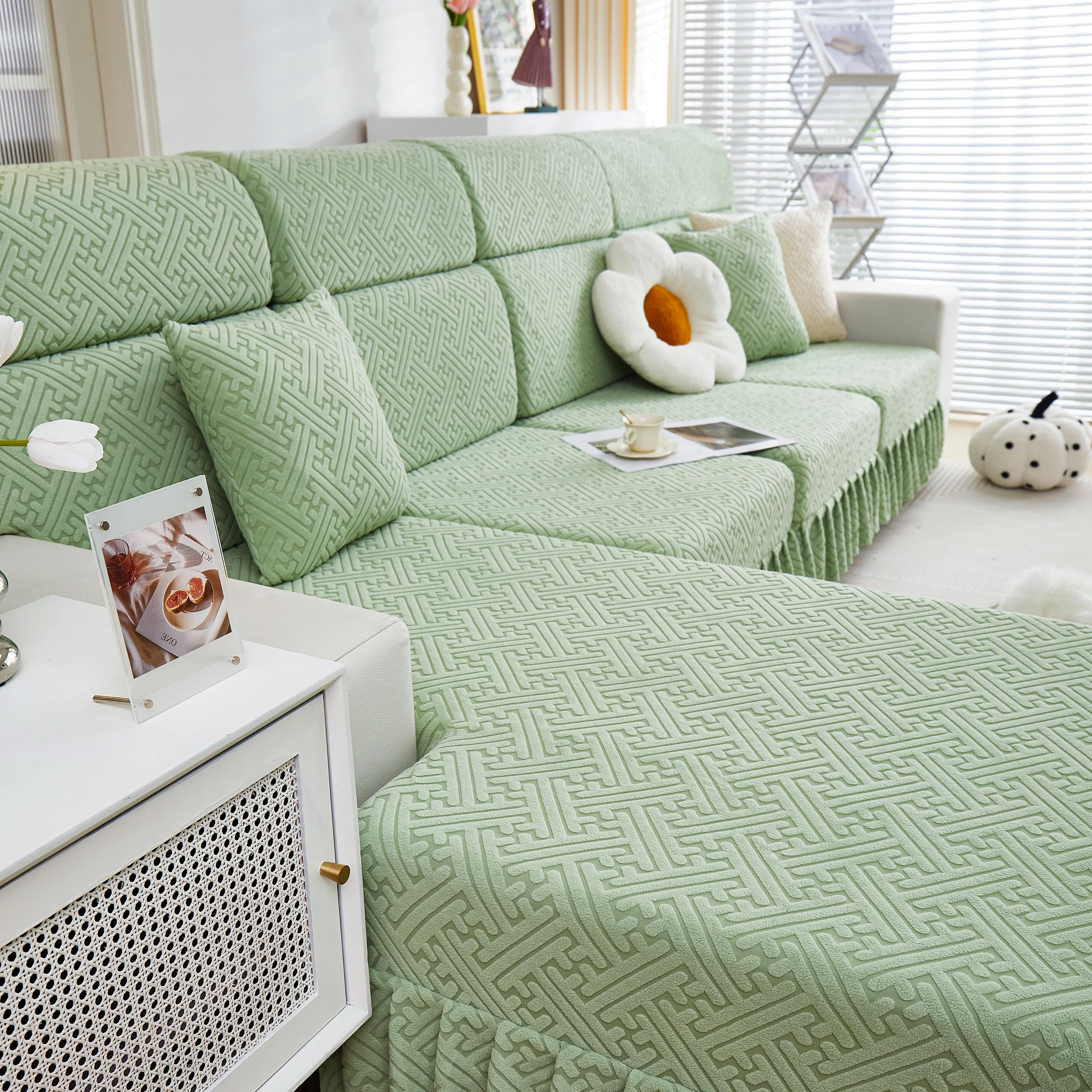 Stretch Sofa Covers with Skirt for Couch Seat and Cushion, Chaise, Sectional, 1/2/3/4 Seater Sofas - Image 102