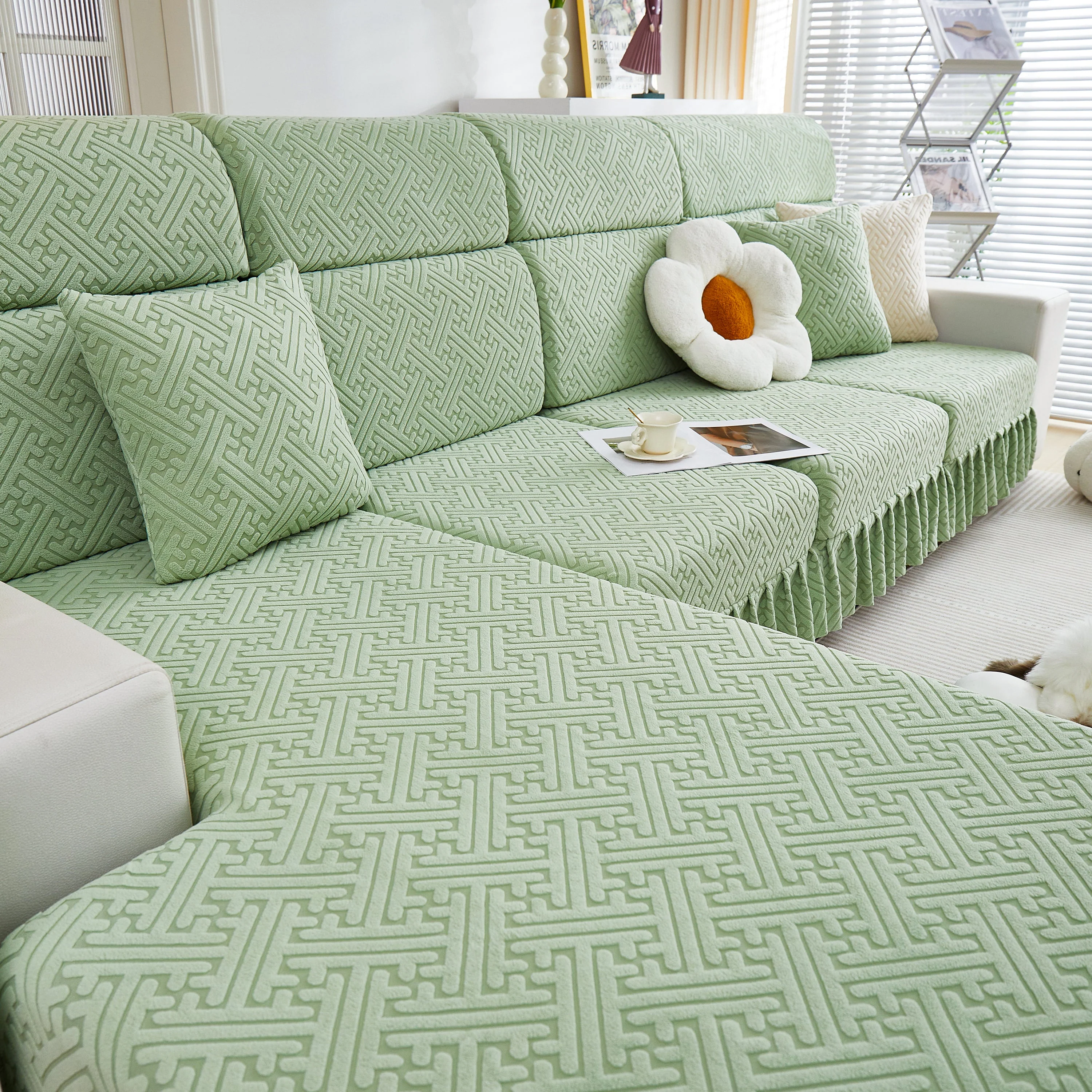 Stretch Sofa Covers with Skirt for Couch Seat and Cushion, Chaise, Sectional, 1/2/3/4 Seater Sofas - Image 103