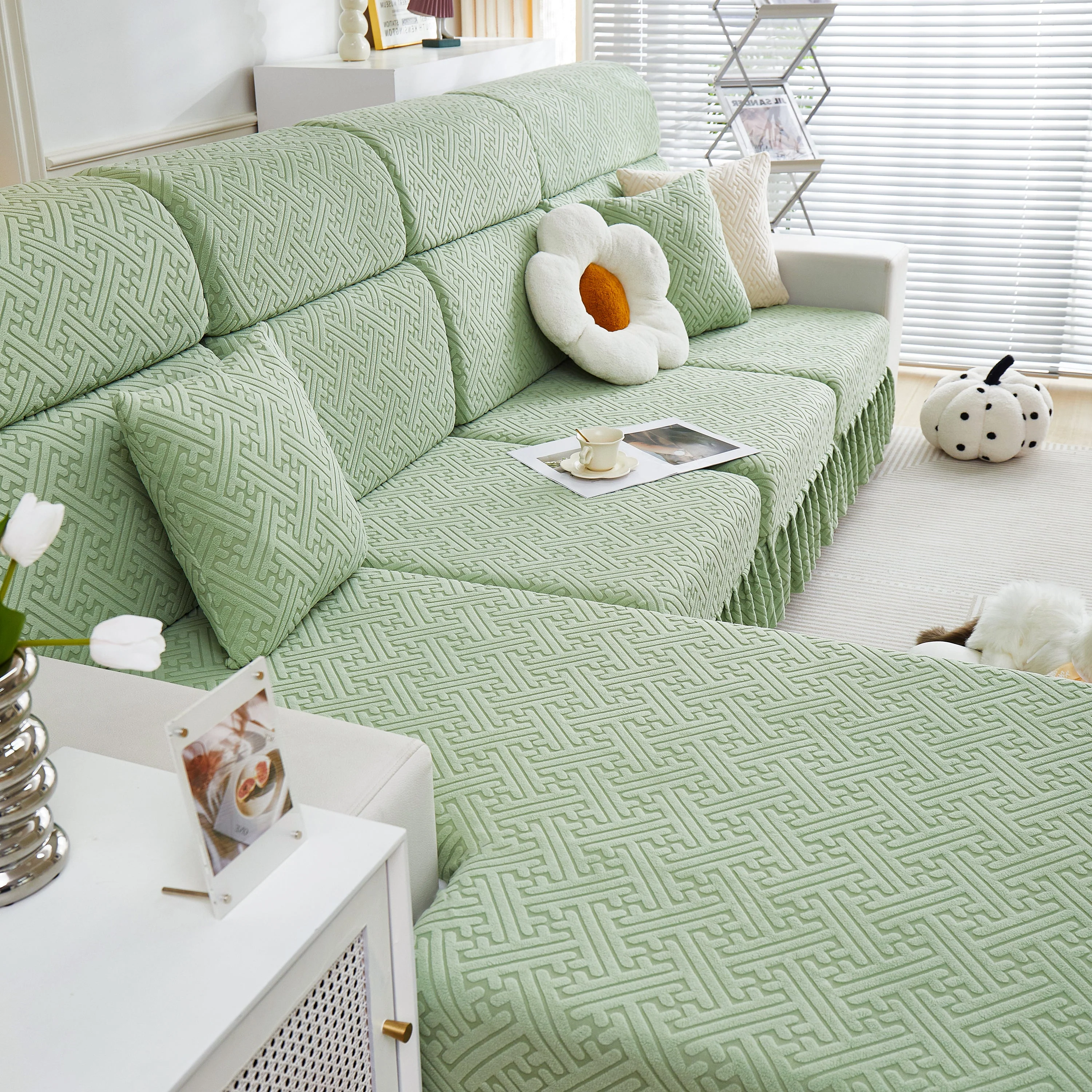 Stretch Sofa Covers with Skirt for Couch Seat and Cushion, Chaise, Sectional, 1/2/3/4 Seater Sofas - Image 104