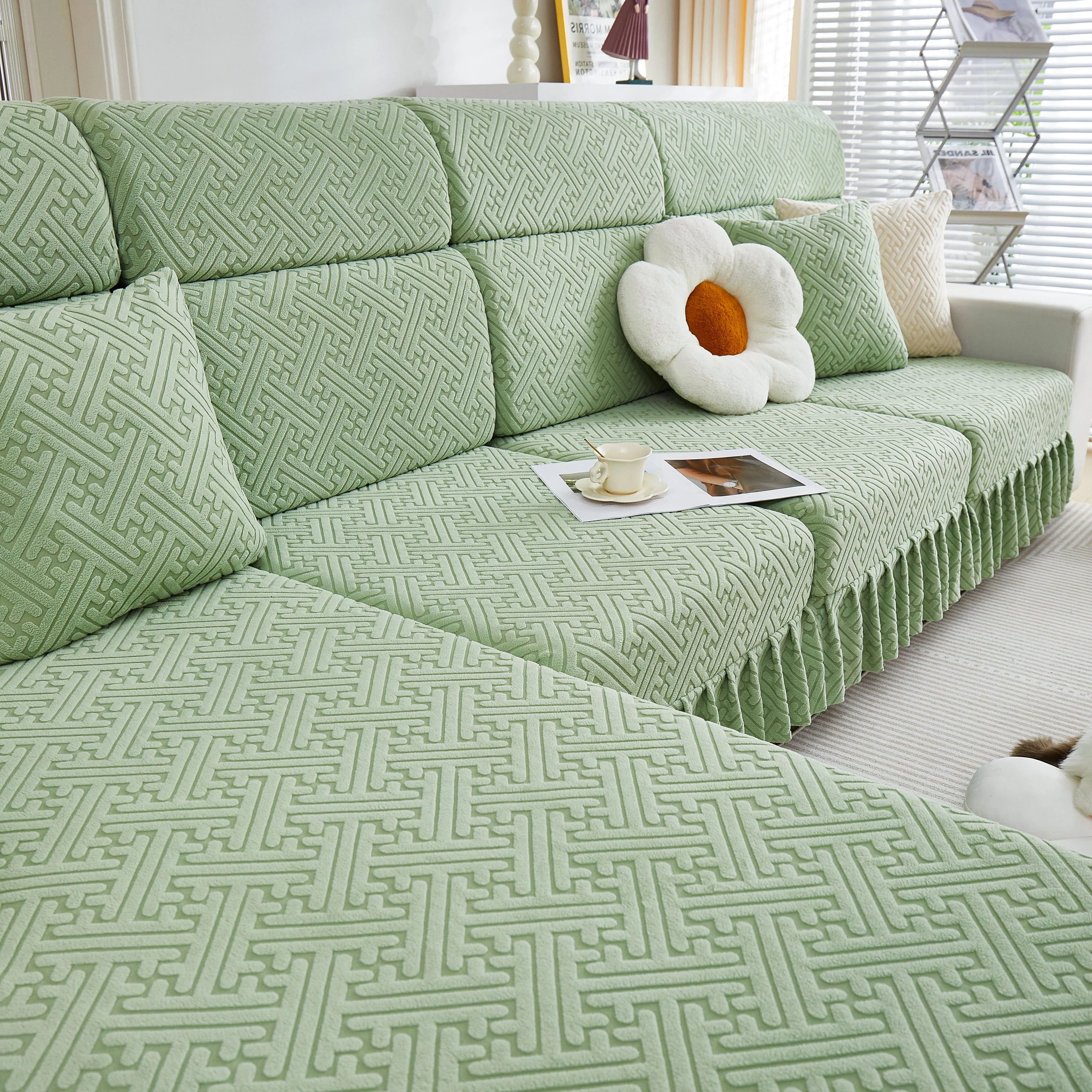 Stretch Sofa Covers with Skirt for Couch Seat and Cushion, Chaise, Sectional, 1/2/3/4 Seater Sofas - Image 105