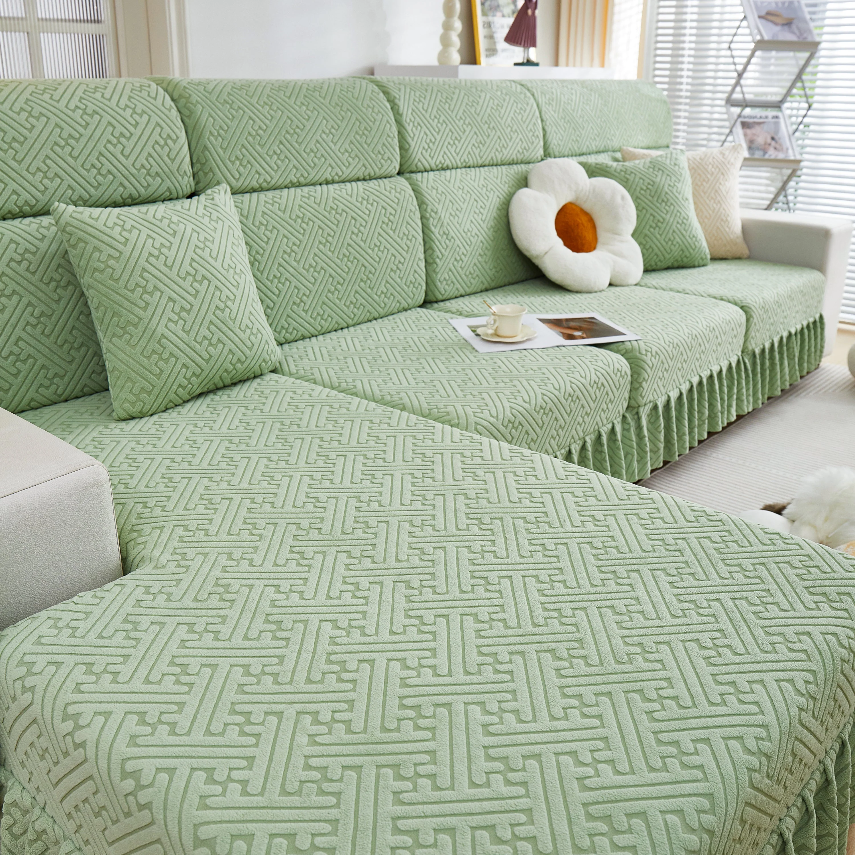 Stretch Sofa Covers with Skirt for Couch Seat and Cushion, Chaise, Sectional, 1/2/3/4 Seater Sofas - Image 106