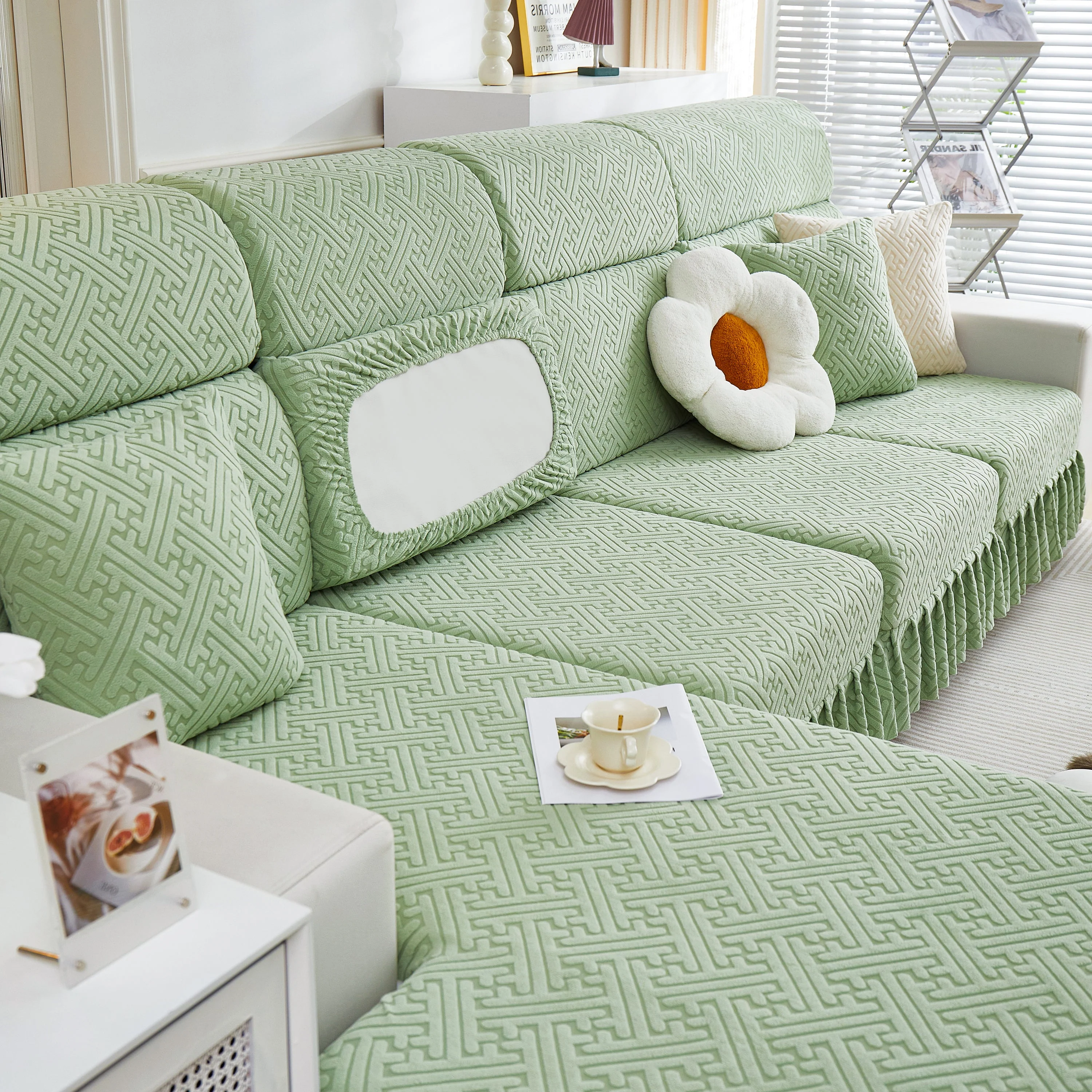 Stretch Sofa Covers with Skirt for Couch Seat and Cushion, Chaise, Sectional, 1/2/3/4 Seater Sofas - Image 108