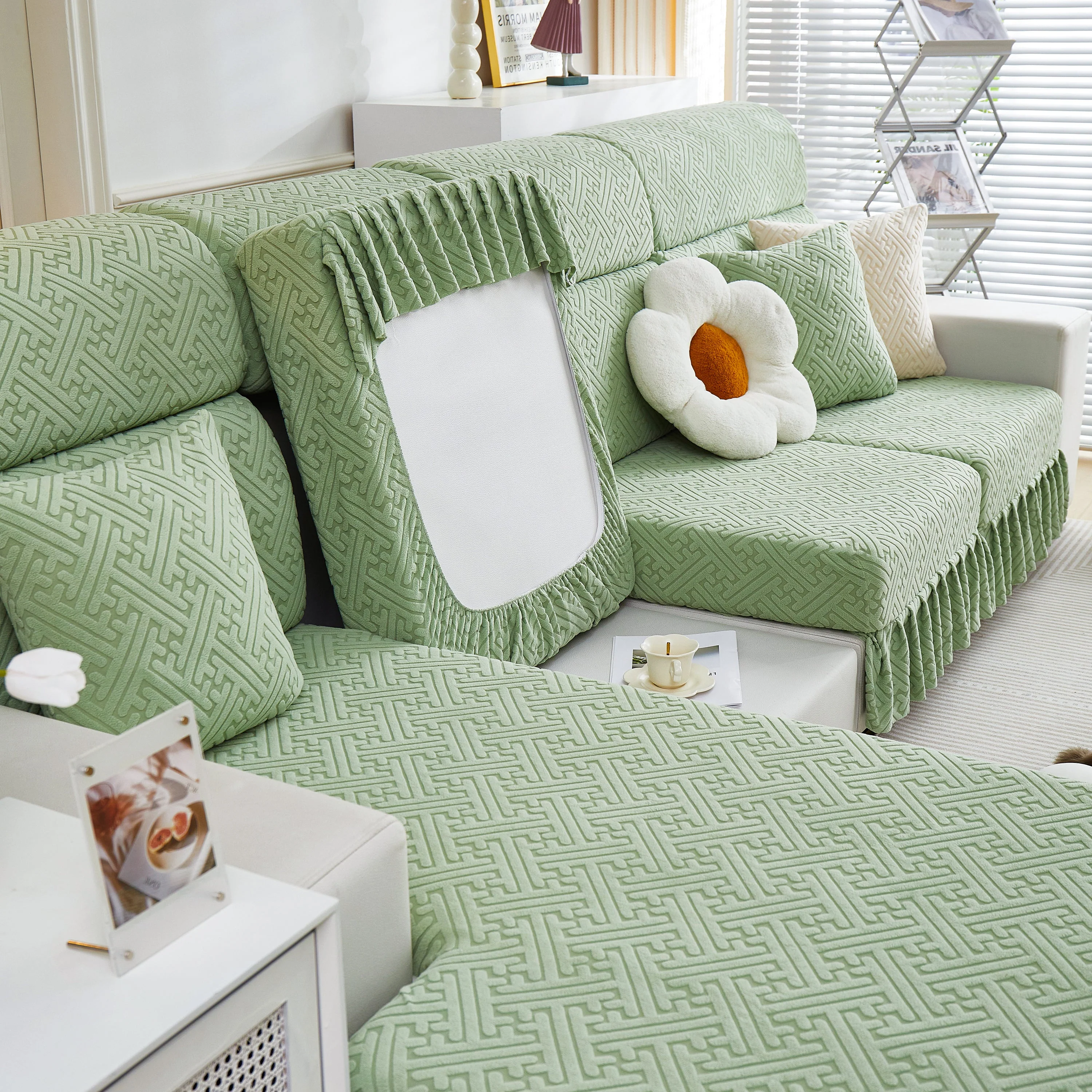 Stretch Sofa Covers with Skirt for Couch Seat and Cushion, Chaise, Sectional, 1/2/3/4 Seater Sofas - Image 109
