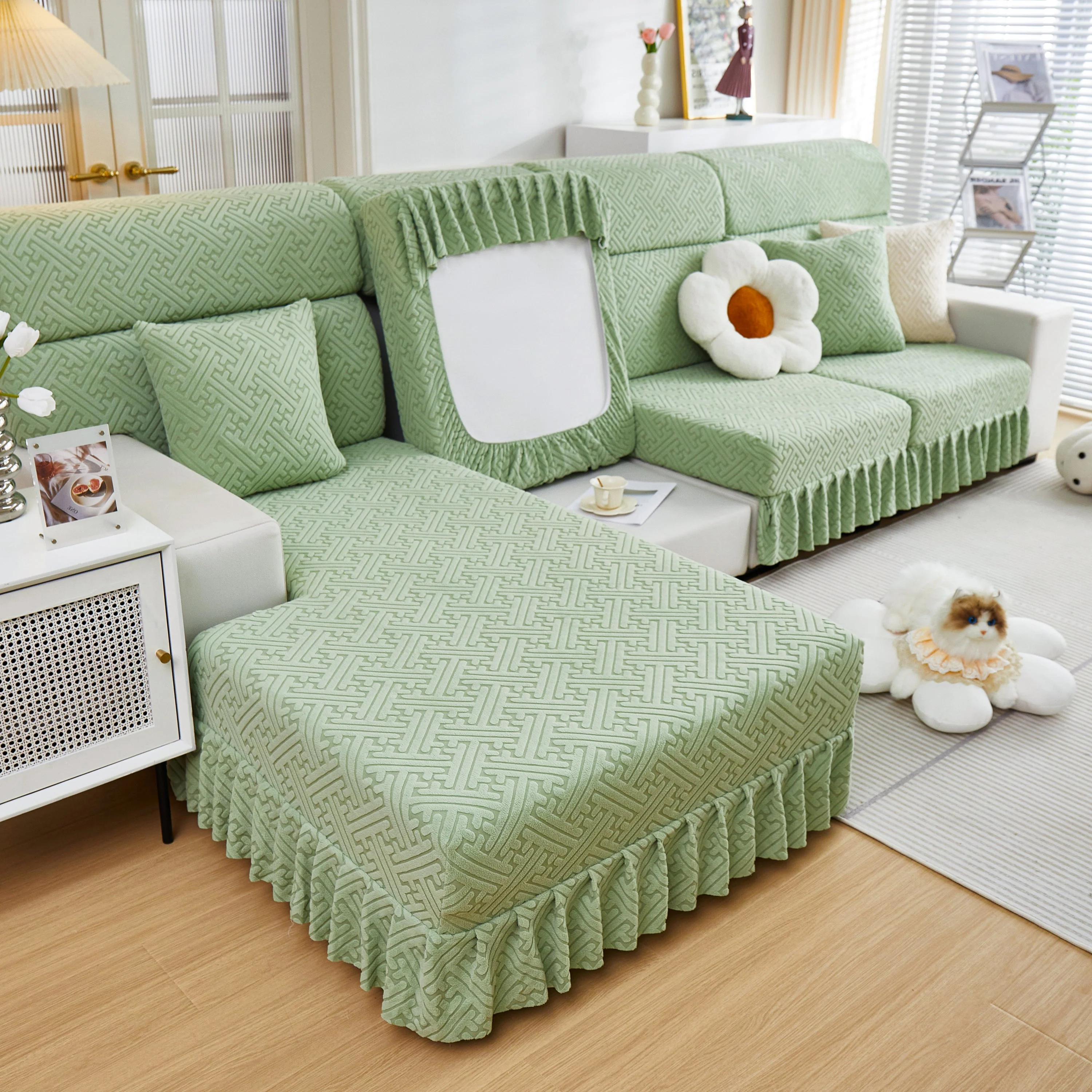 Stretch Sofa Covers with Skirt for Couch Seat and Cushion, Chaise, Sectional, 1/2/3/4 Seater Sofas - Image 110