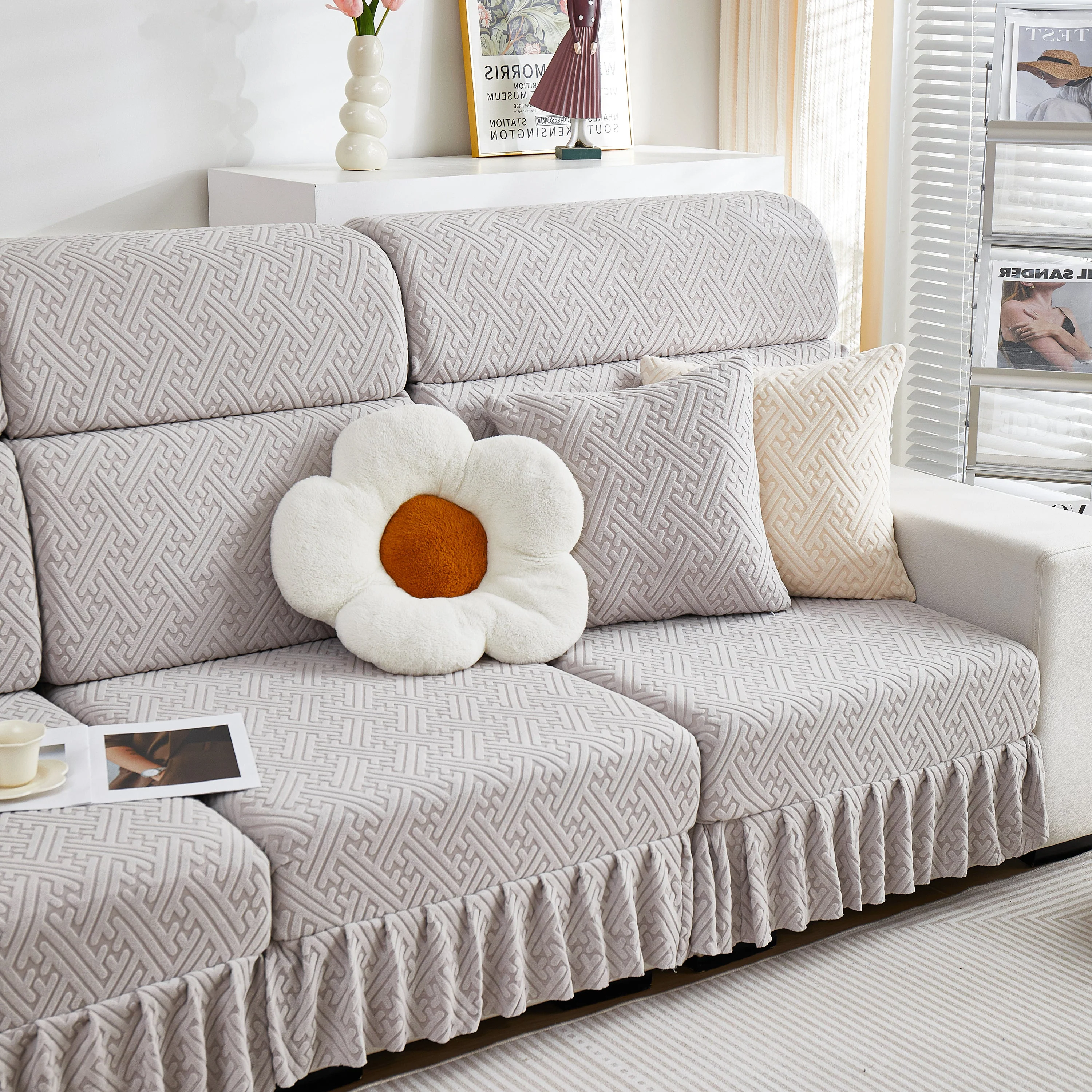 Stretch Sofa Covers with Skirt for Couch Seat and Cushion, Chaise, Sectional, 1/2/3/4 Seater Sofas - Image 115