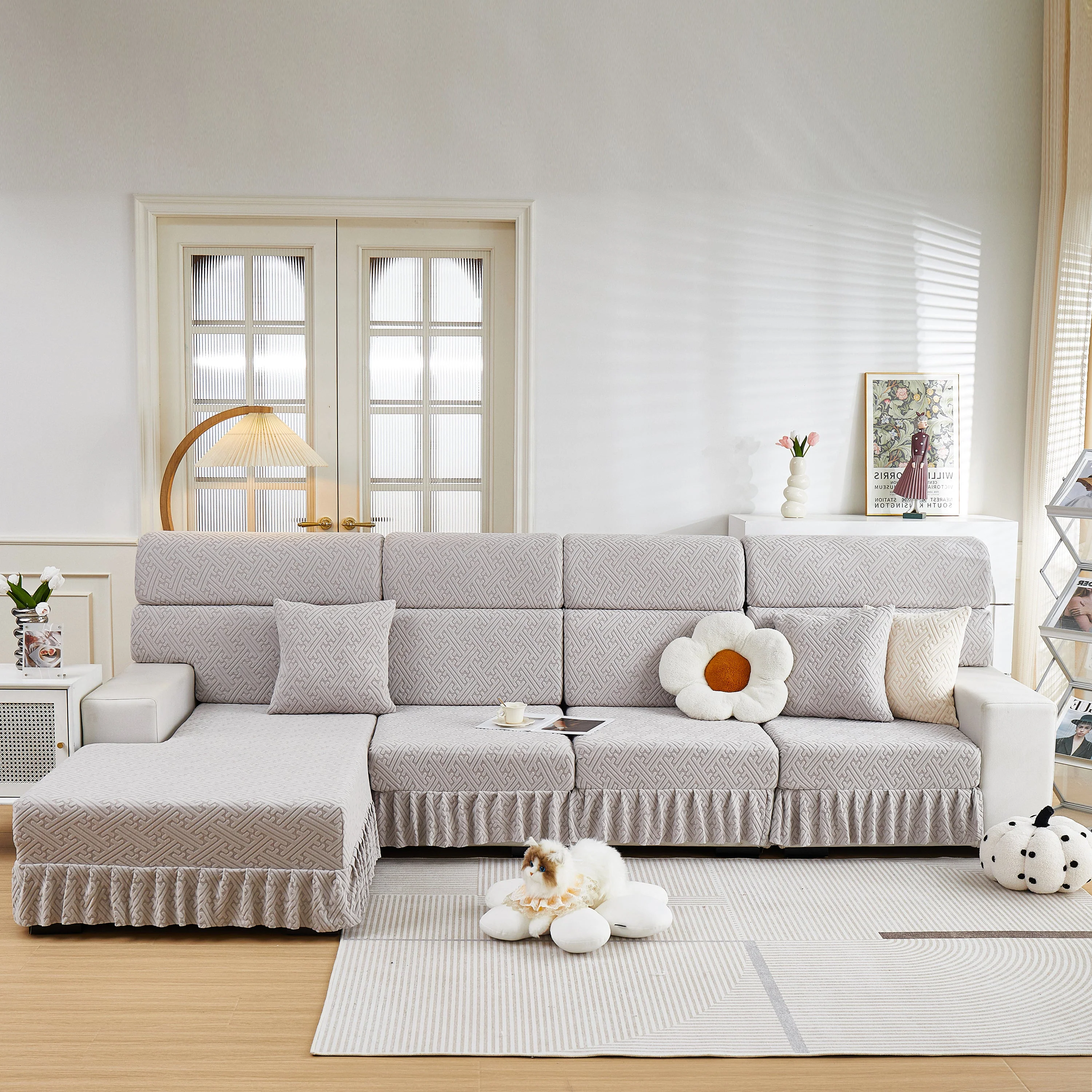 Stretch Sofa Covers with Skirt for Couch Seat and Cushion, Chaise, Sectional, 1/2/3/4 Seater Sofas - Image 116