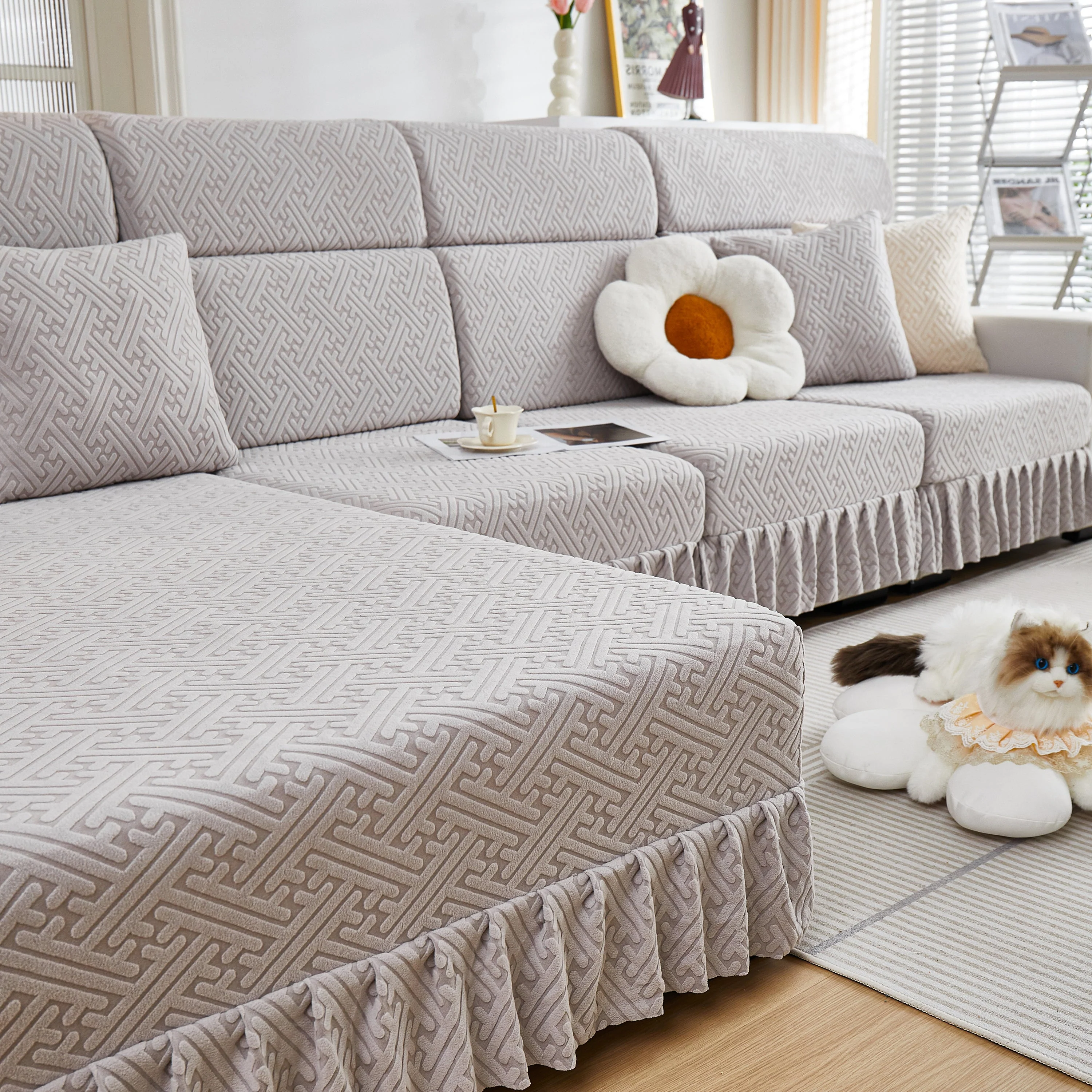 Stretch Sofa Covers with Skirt for Couch Seat and Cushion, Chaise, Sectional, 1/2/3/4 Seater Sofas - Image 117